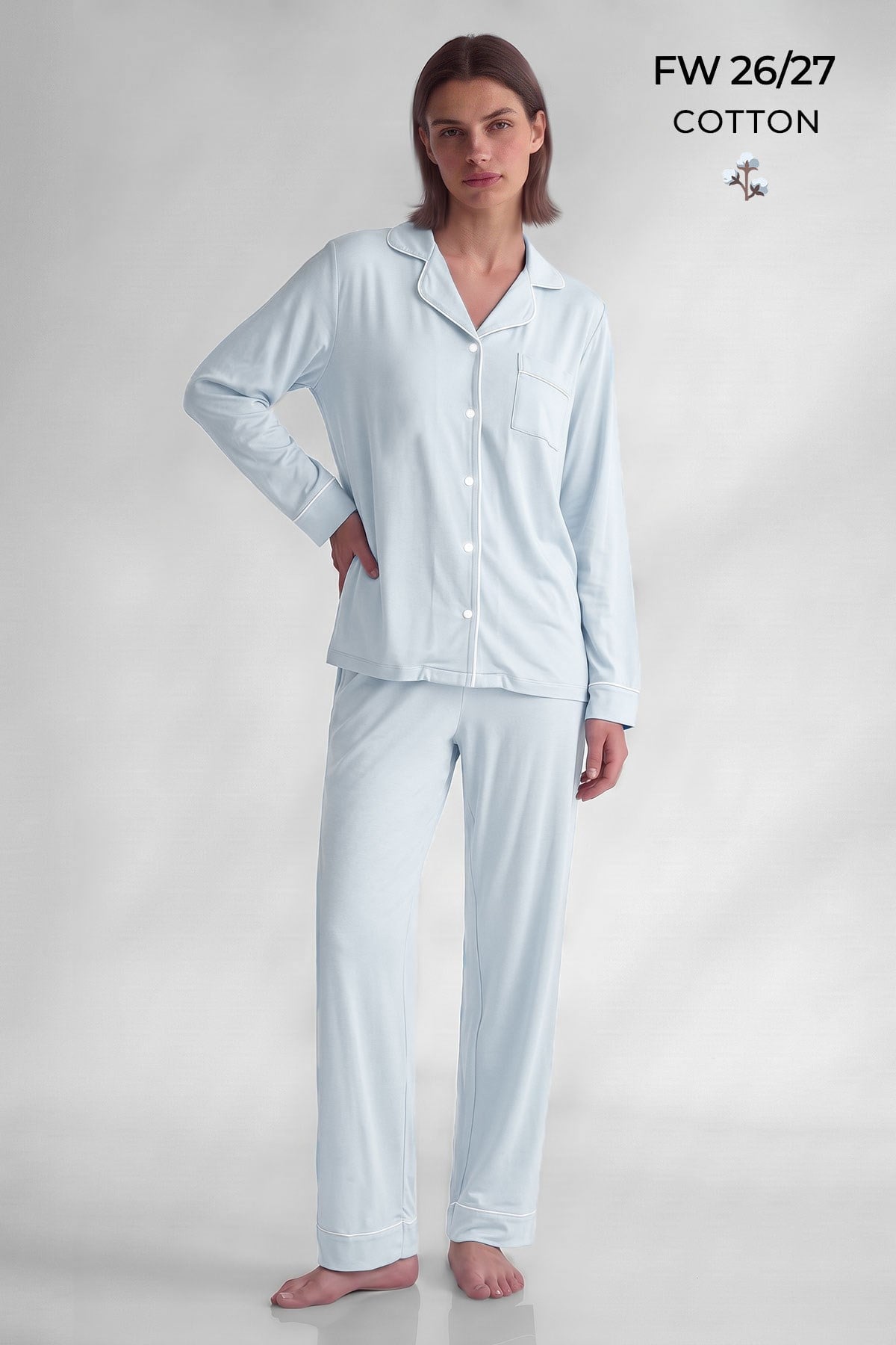 Mısırlı Kadın Pamuk Karışımlı Düz Pijama Takım Mavi