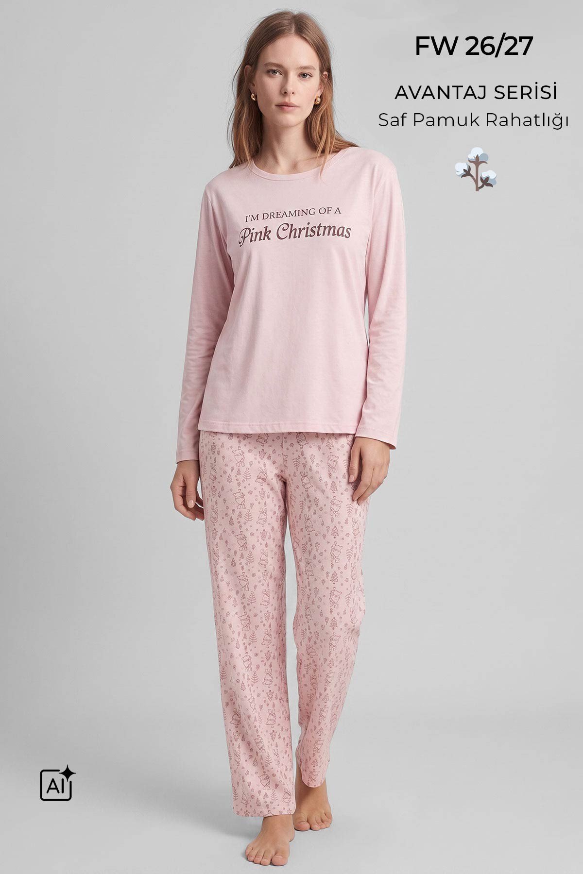 Mısırlı Kadın Pamuk Tavşan Baskılı Pijama Takım Açık Pembe