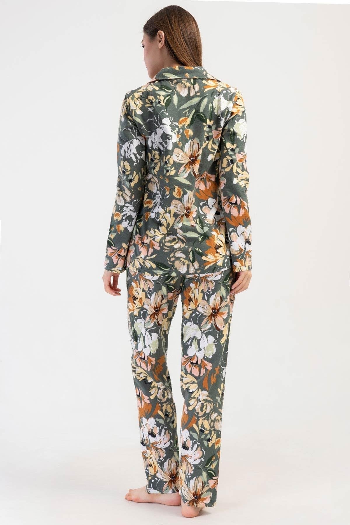 Mısırlı Kadın Pamuklu Çiçek Desenli Uzun Kollu Gömlek Pijama Takımı Yeşil