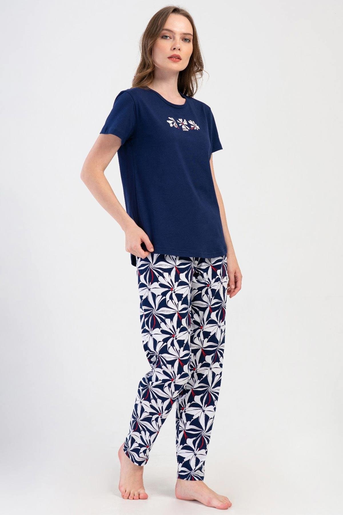 Mısırlı Kadın Pamuklu Kısa Kollu Pijama Takımı Lacivert