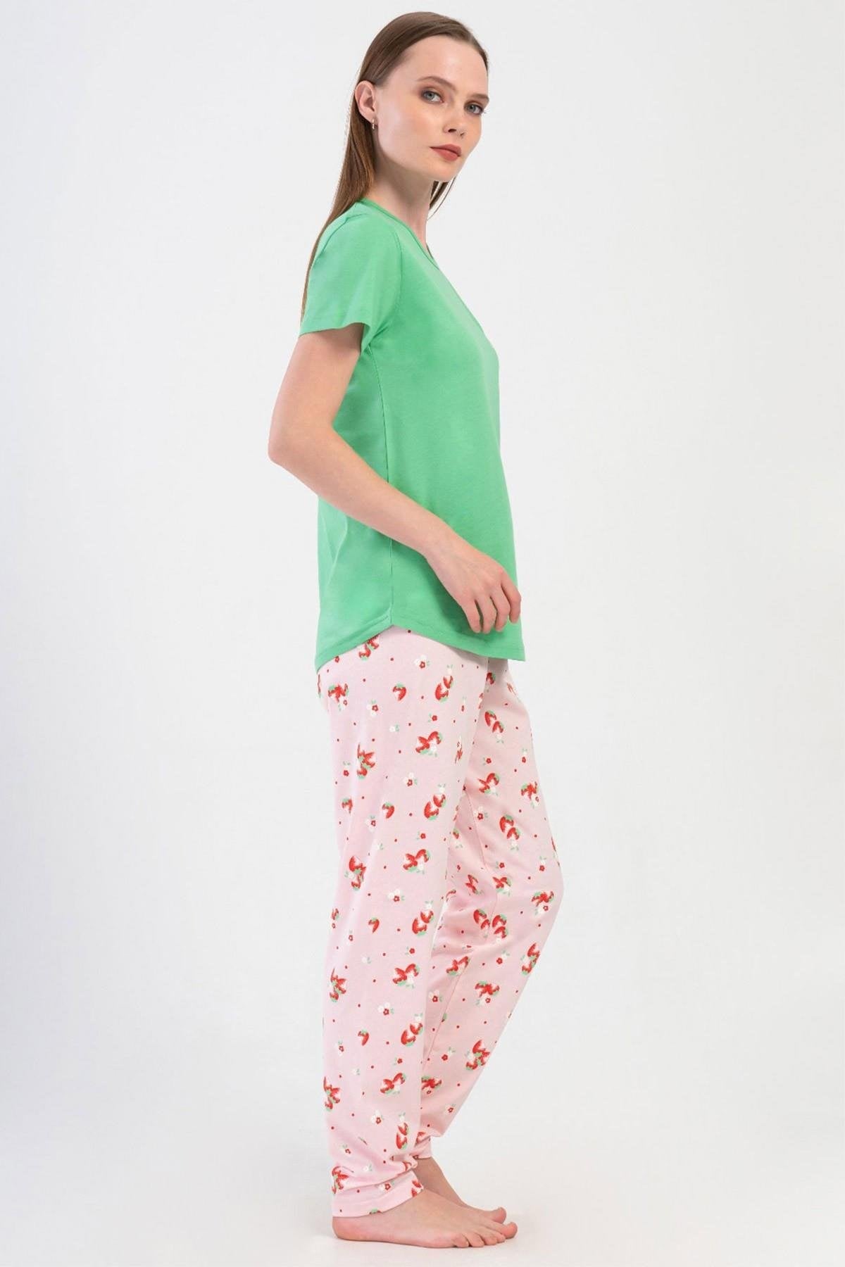 Mısırlı Kadın Pamuklu Kısa Kollu Pijama Takımı Yeşil