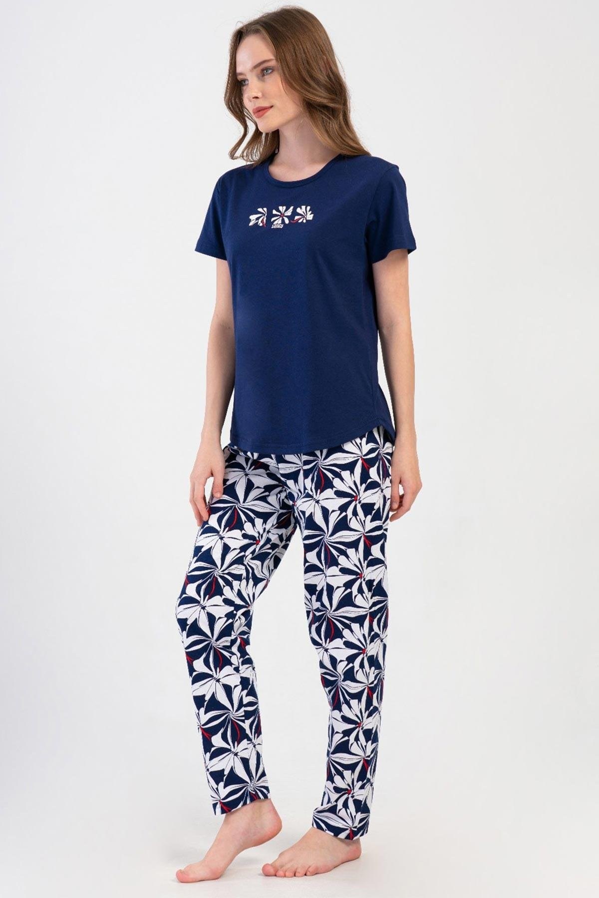 Mısırlı Kadın Pamuklu Kısa Kollu Pijama Takımı Lacivert