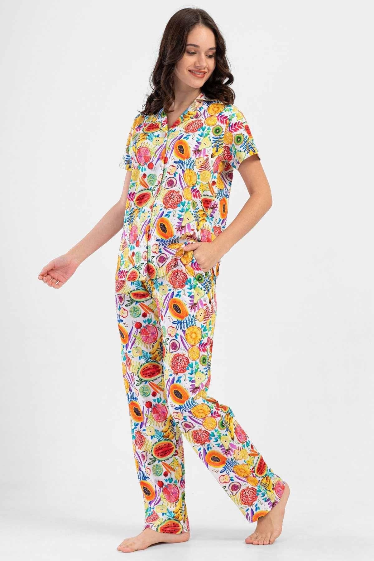 Mısırlı Kadın Pamuklu Kısa Kollu Pijama Takımı Sarı