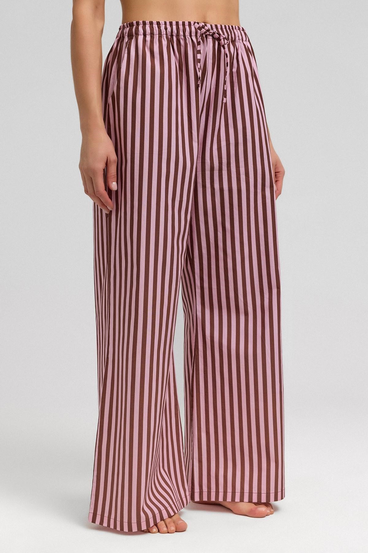 Mısırlı Kadın Pamuklu Poplin Çizgili Pijama Altı / Pantolon Kahverengi/Pembe