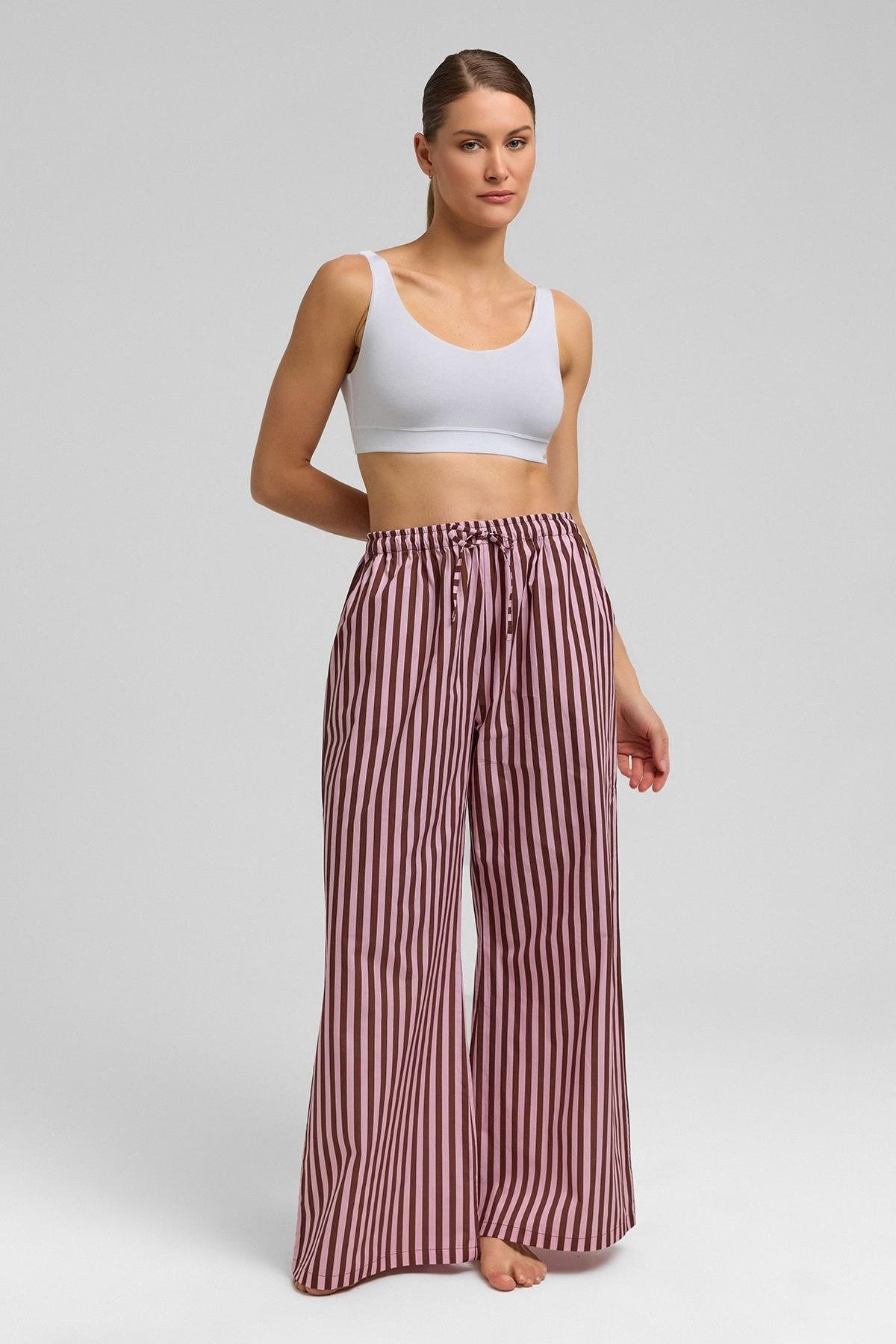 Mısırlı Kadın Pamuklu Poplin Çizgili Pijama Altı / Pantolon Kahverengi/Pembe