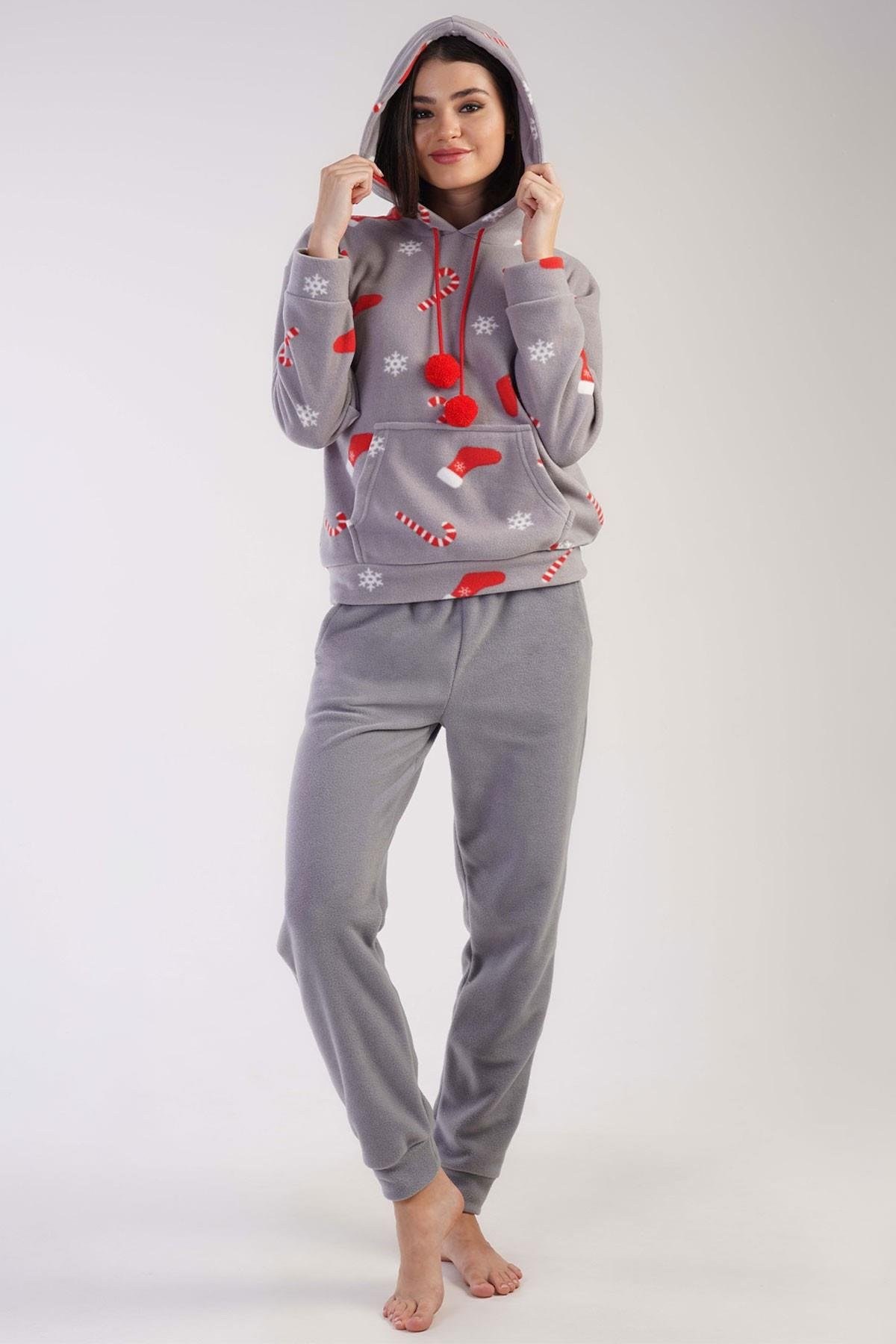 Mısırlı Kadın Polar Yılbaşı Temalı Kapüşonlu Pijama Takımı Gri