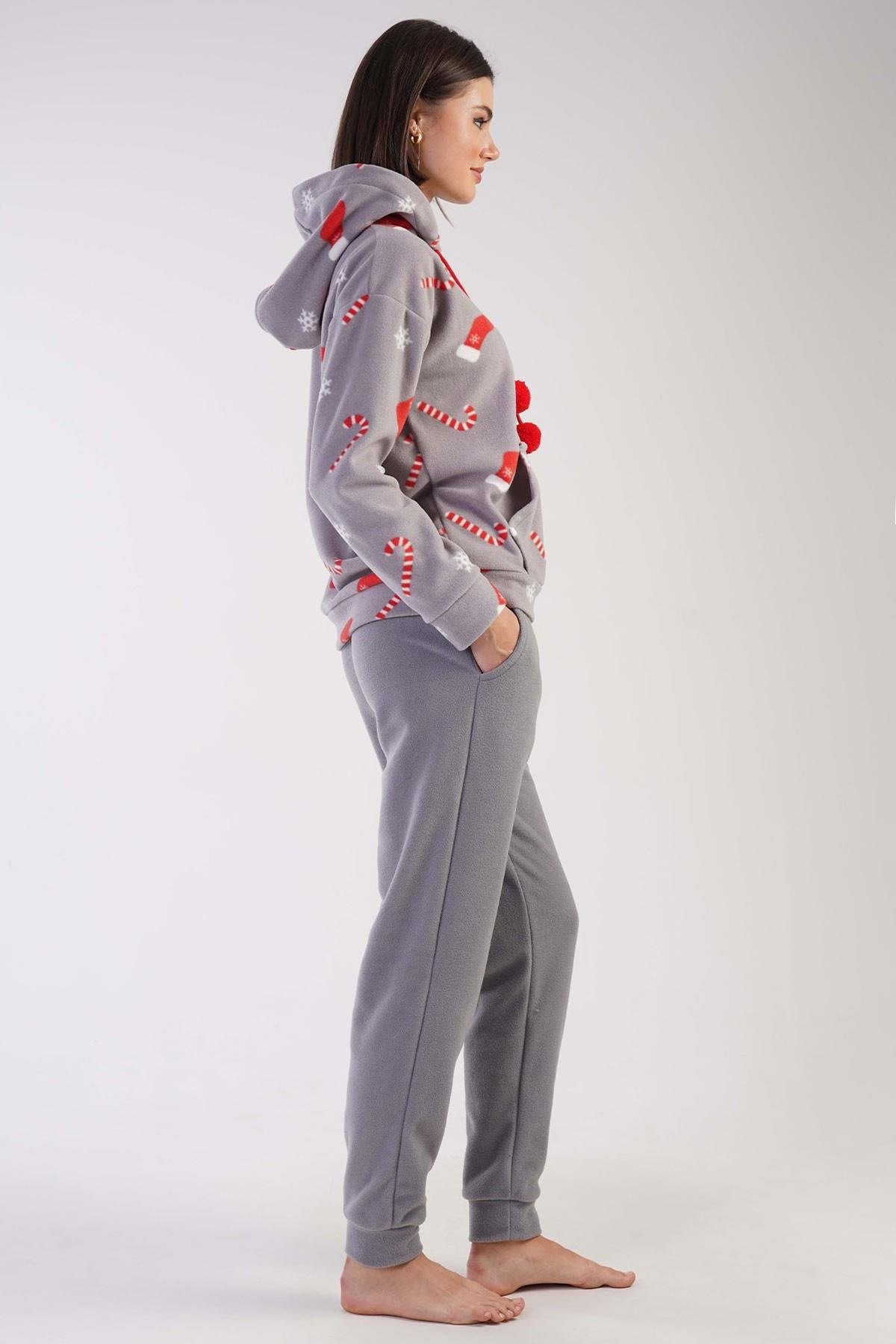 Mısırlı Kadın Polar Yılbaşı Temalı Kapüşonlu Pijama Takımı Gri