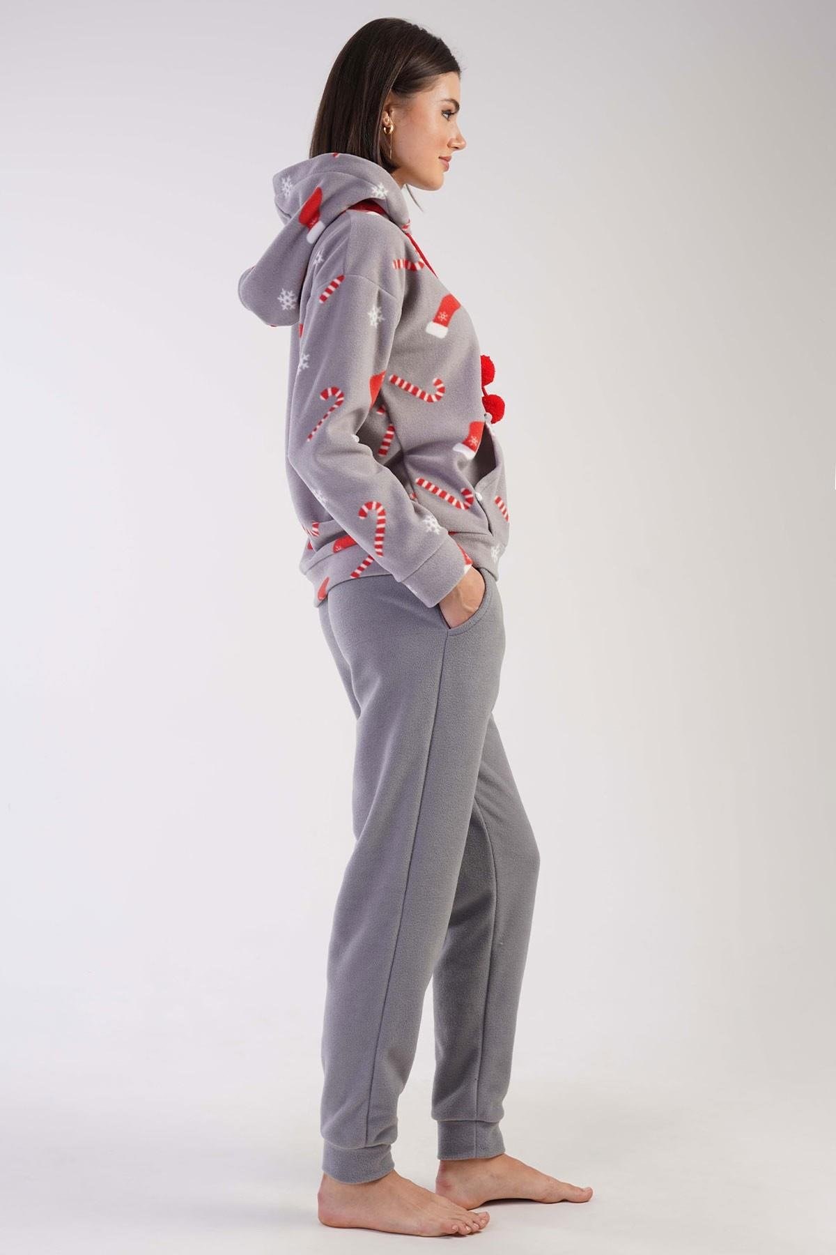 Mısırlı Kadın Polar Yılbaşı Temalı Kapüşonlu Pijama Takımı Gri
