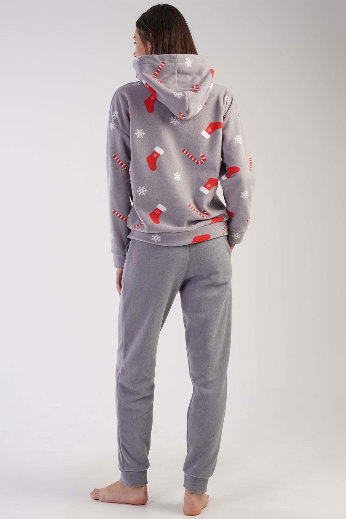 Mısırlı Kadın Polar Yılbaşı Temalı Kapüşonlu Pijama Takımı Gri