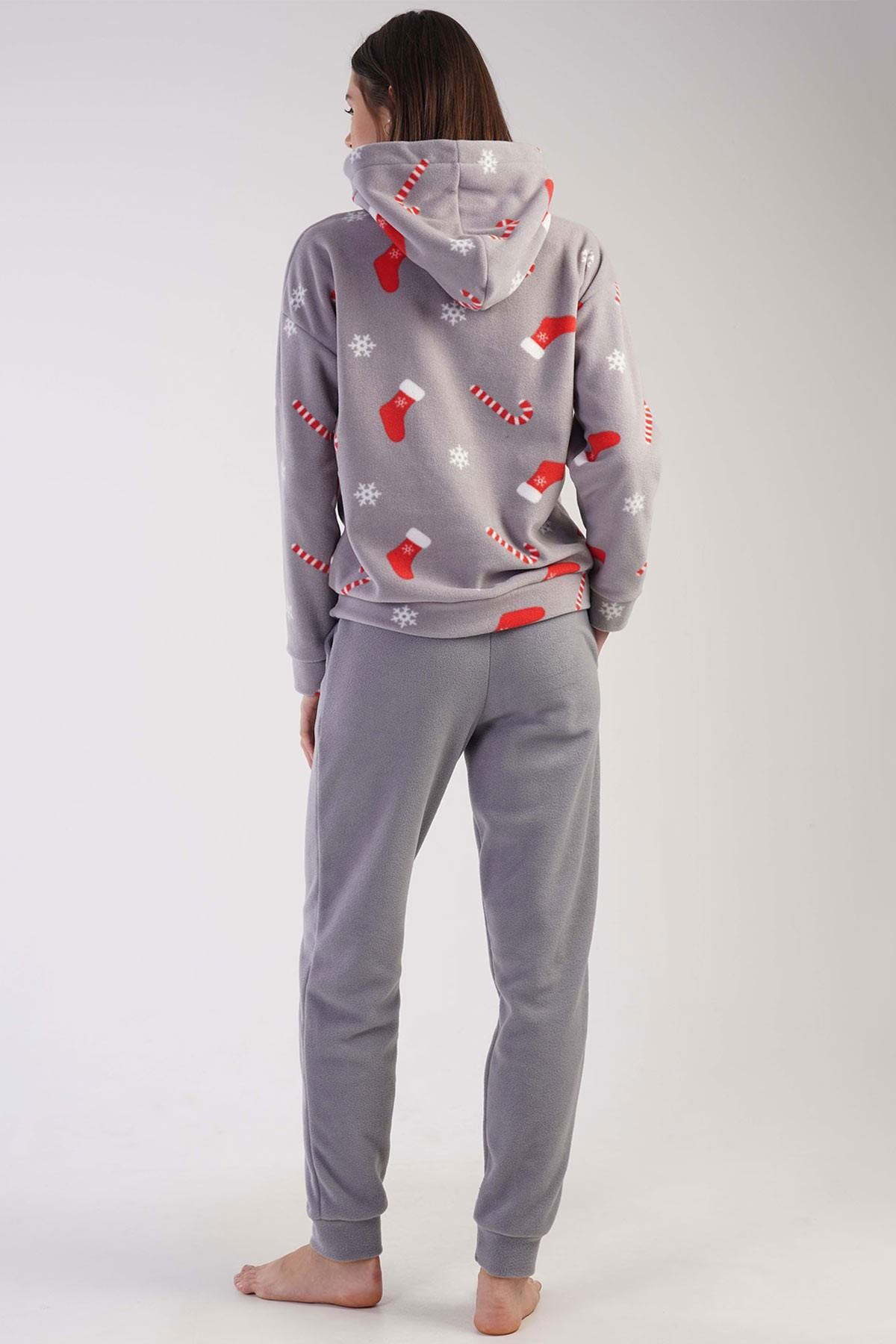 Mısırlı Kadın Polar Yılbaşı Temalı Kapüşonlu Pijama Takımı Gri