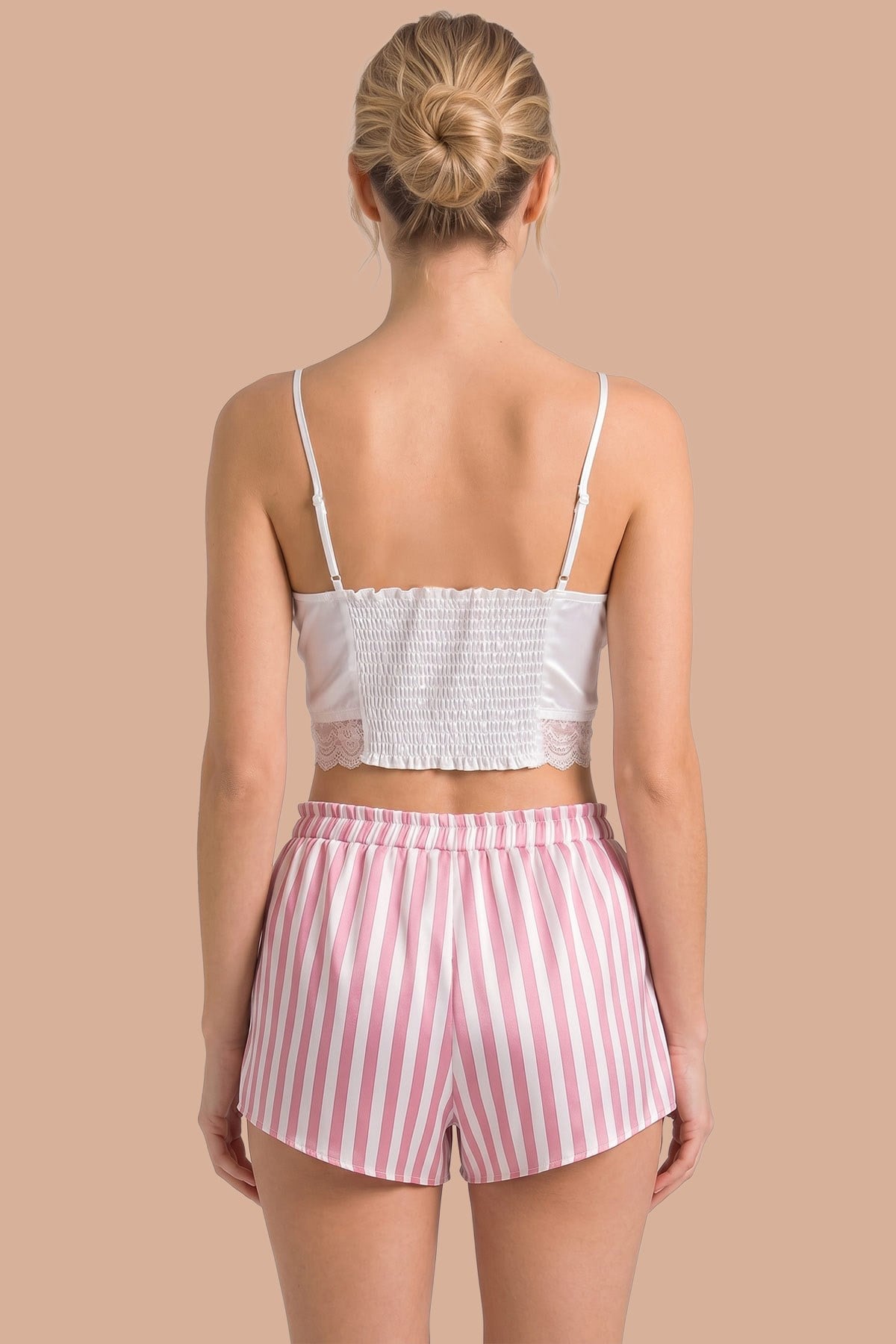 Mısırlı Kadın Saten Çizgili Short Üçlü Takım Pembe