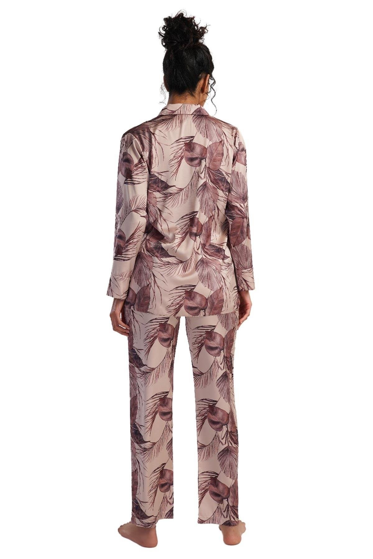 Mısırlı Kadın SATEN Uzun Kollu Gömlek Pijama Takımı Krem
