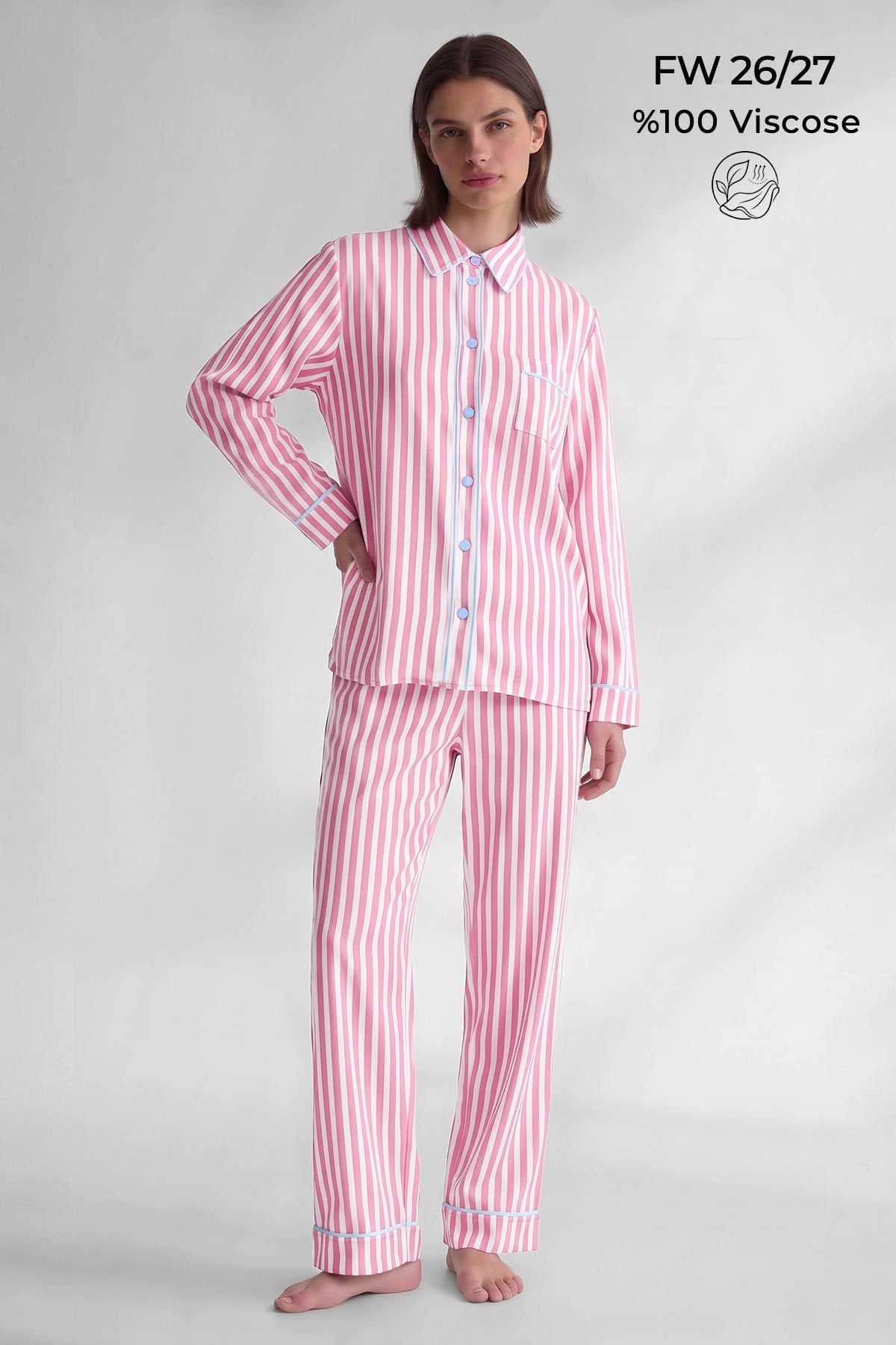 Mısırlı Kadın Viskon Çizgili Garni Detayli Pijama Takım Açık Pembe