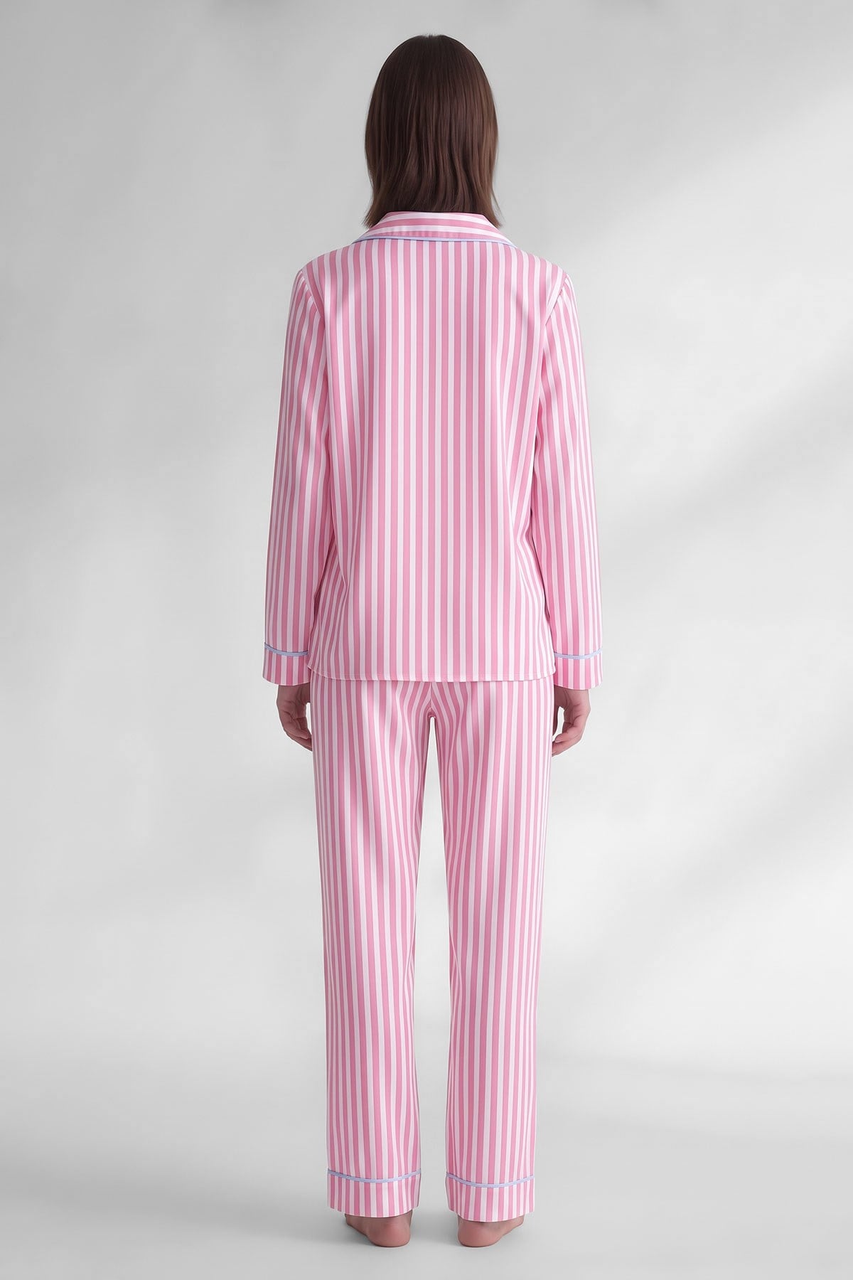 Mısırlı Kadın Viskon Çizgili Garni Detayli Pijama Takım Açık Pembe