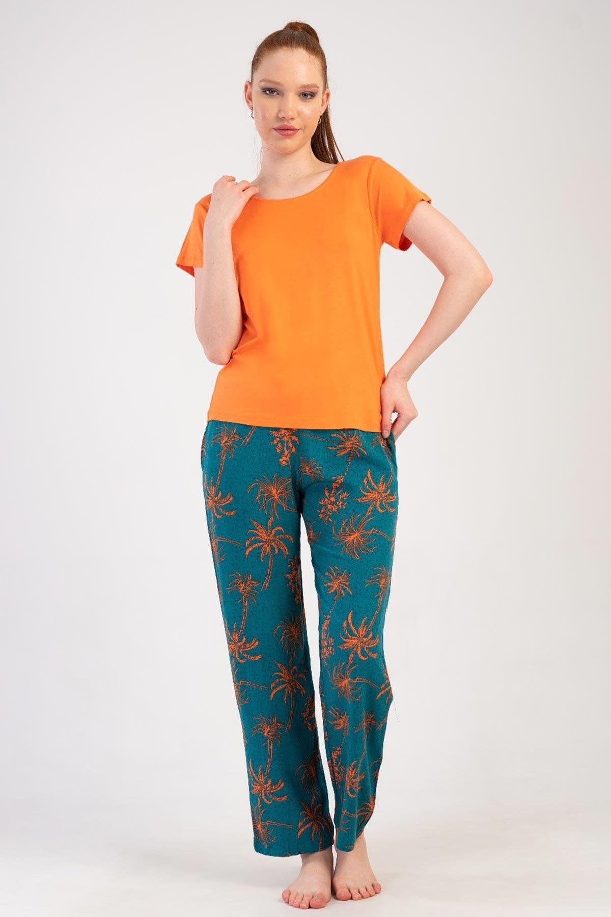 Mısırlı Kadın Viskon Kısa Kollu Pijama Takımı Turuncu