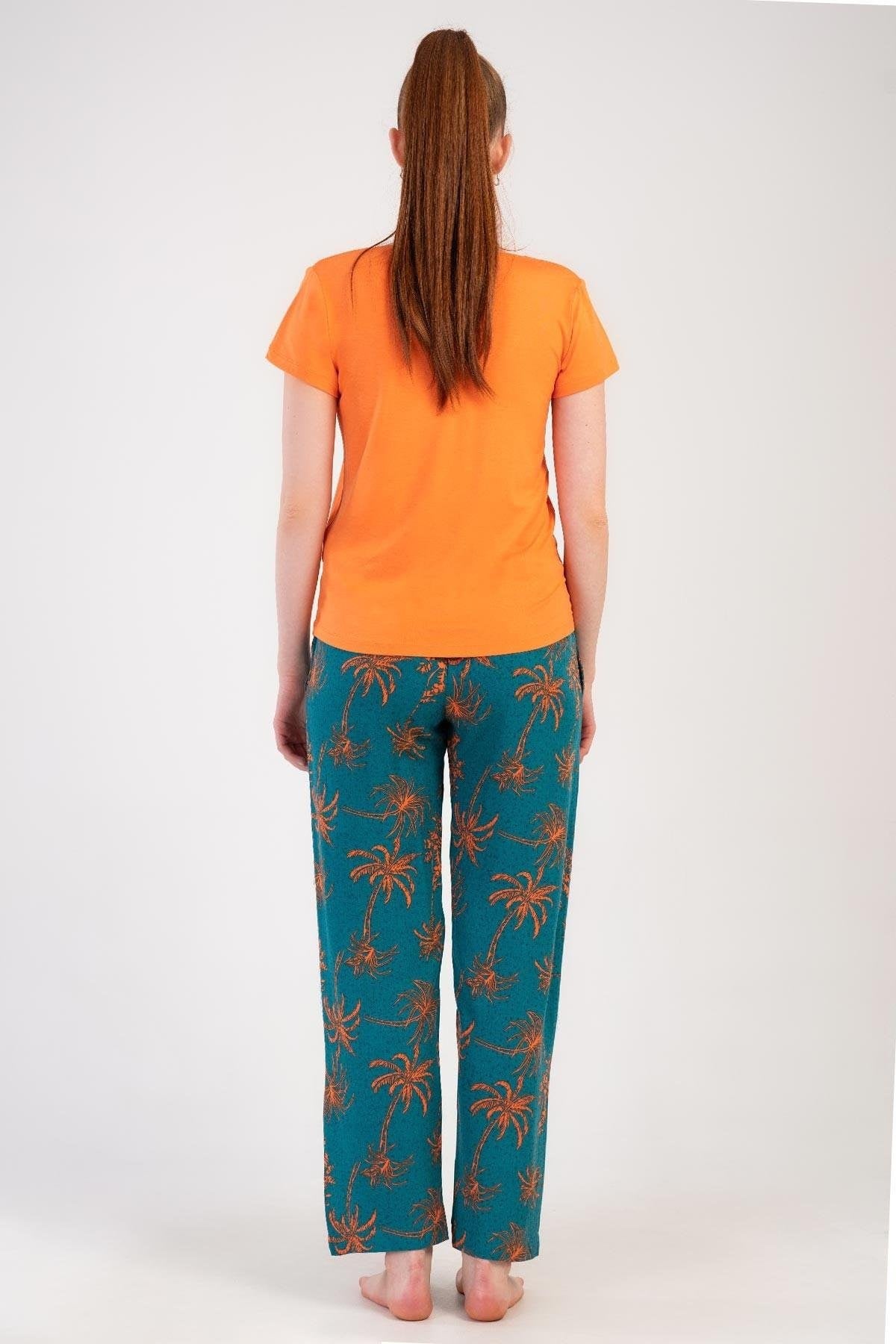 Mısırlı Kadın Viskon Kısa Kollu Pijama Takımı Turuncu