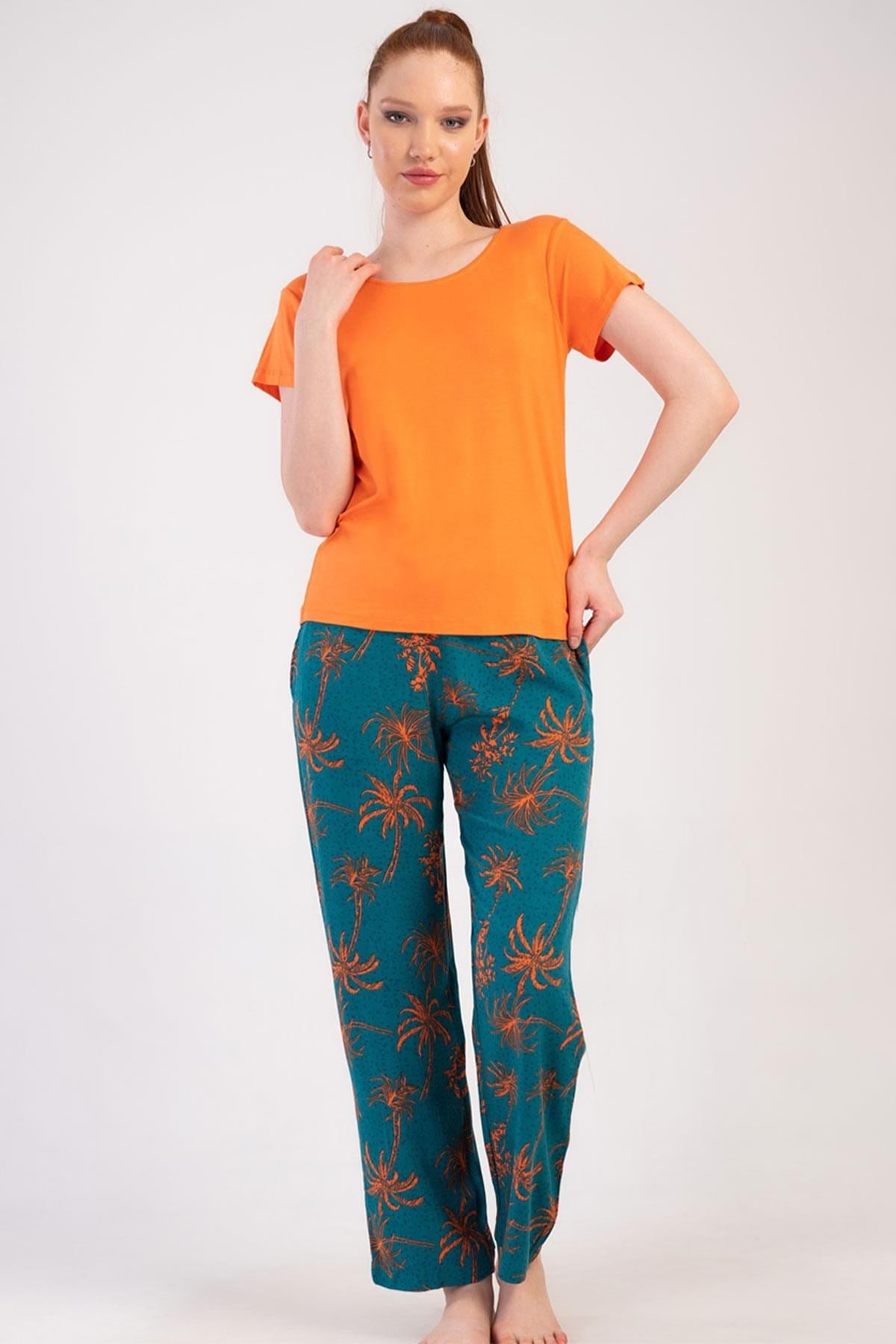 Mısırlı Kadın Viskon Kısa Kollu Pijama Takımı Turuncu