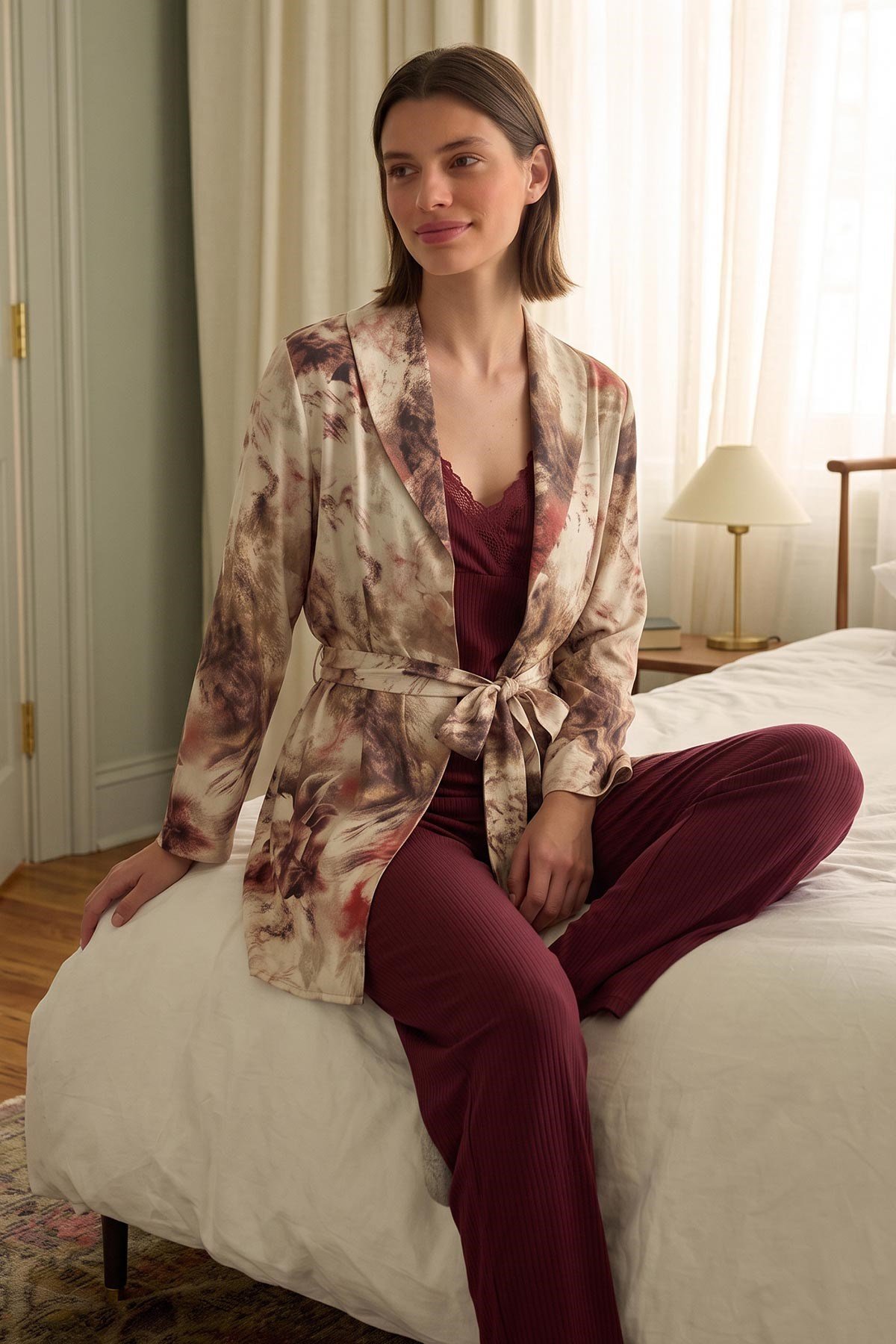 Mısırlı Kadın Viskon Üçlü Set Pijama Takım Bordo