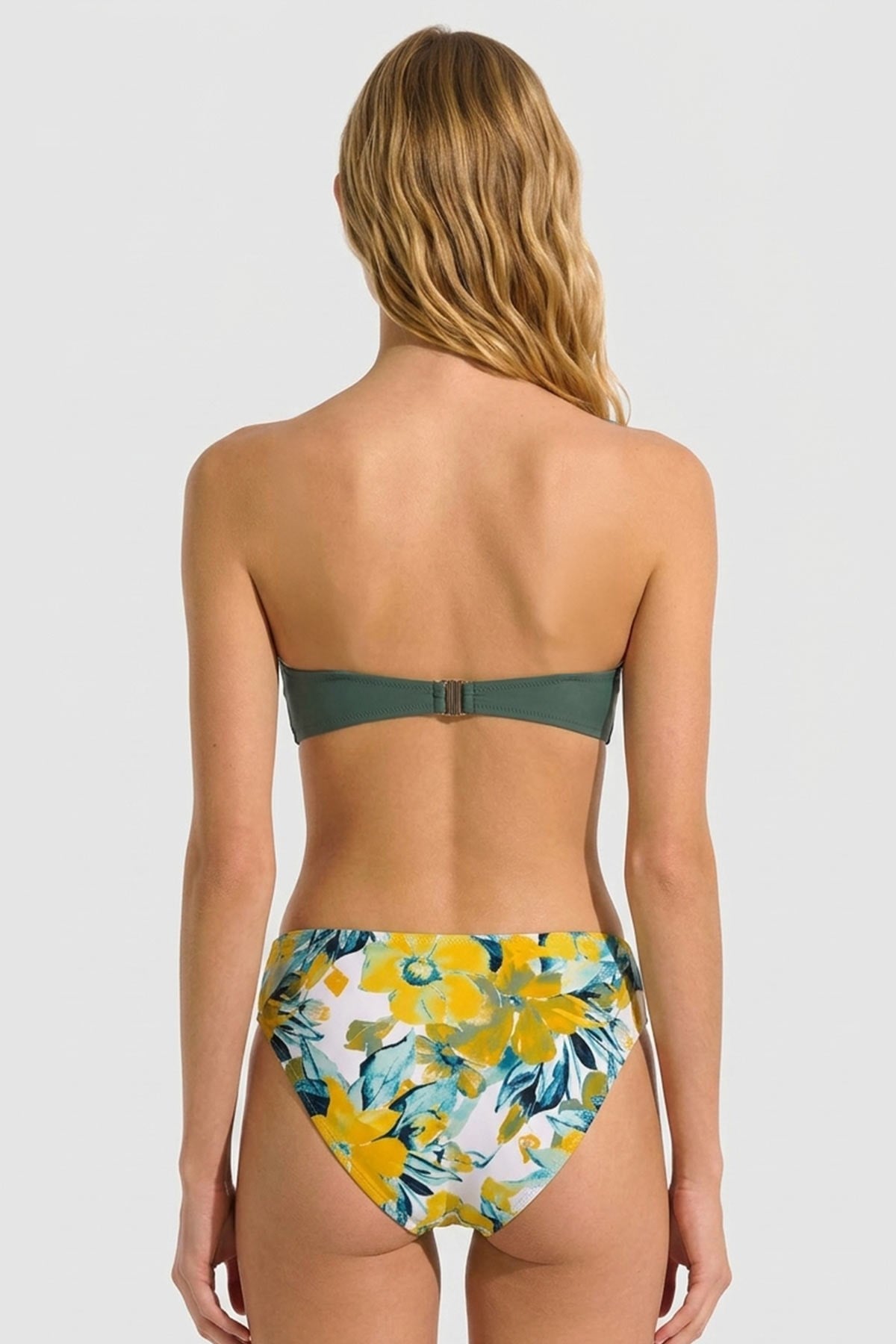 Mısırlı Kaplı Straplez Bikini Takım Sarı Çiçek Desen