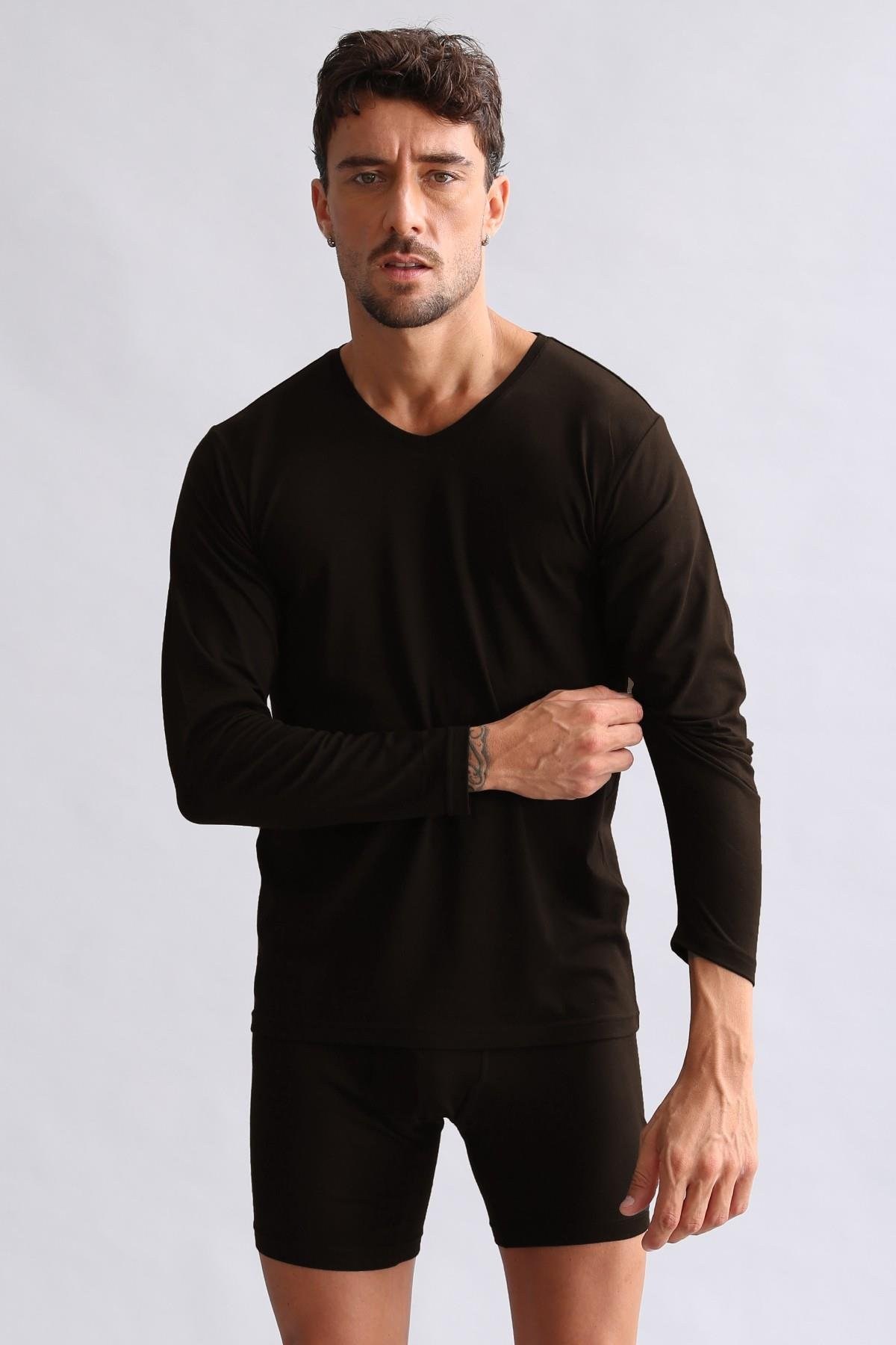 Mısırlı Modal by TENCEL HERCULES Slim Fit V Yaka Uzun Kollu Fanila Kahverengi