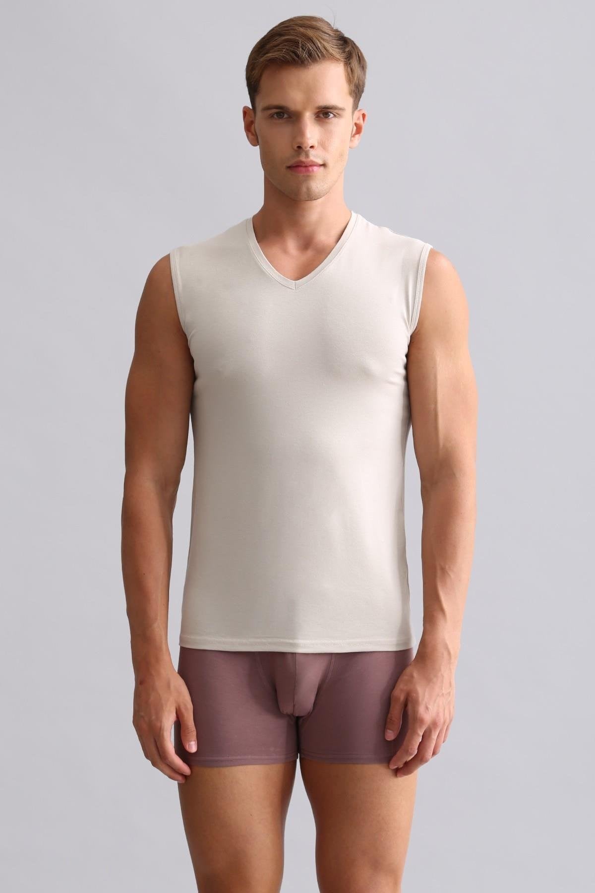 Mısırlı Modal by TENCEL HERCULES Slim Fit V Yaka Sporcu Atlet Toprak Bej