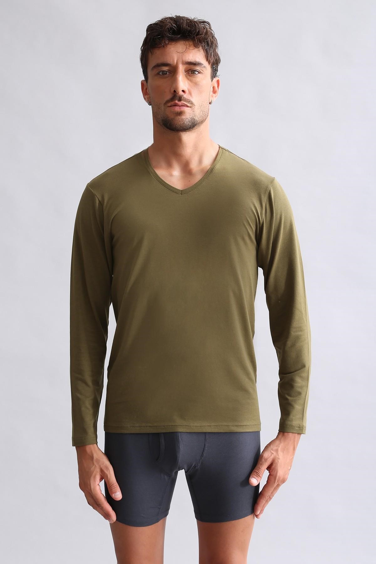 Mısırlı Modal by TENCEL HERCULES Slim Fit V Yaka Uzun Kollu Fanila / T-Shirt Koyu Haki