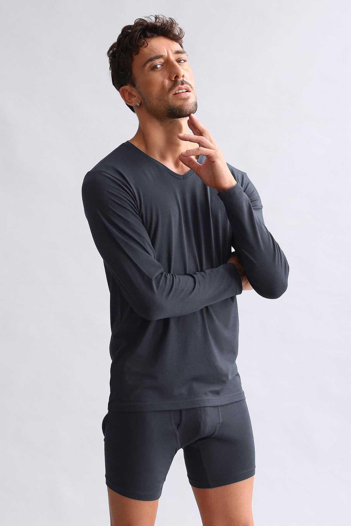 Mısırlı Modal by TENCEL HERCULES Slim Fit V Yaka Uzun Kollu Fanila Antrasit