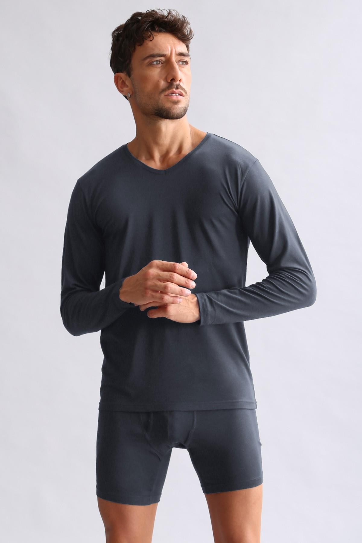 Mısırlı Modal by TENCEL HERCULES Slim Fit V Yaka Uzun Kollu Fanila Antrasit