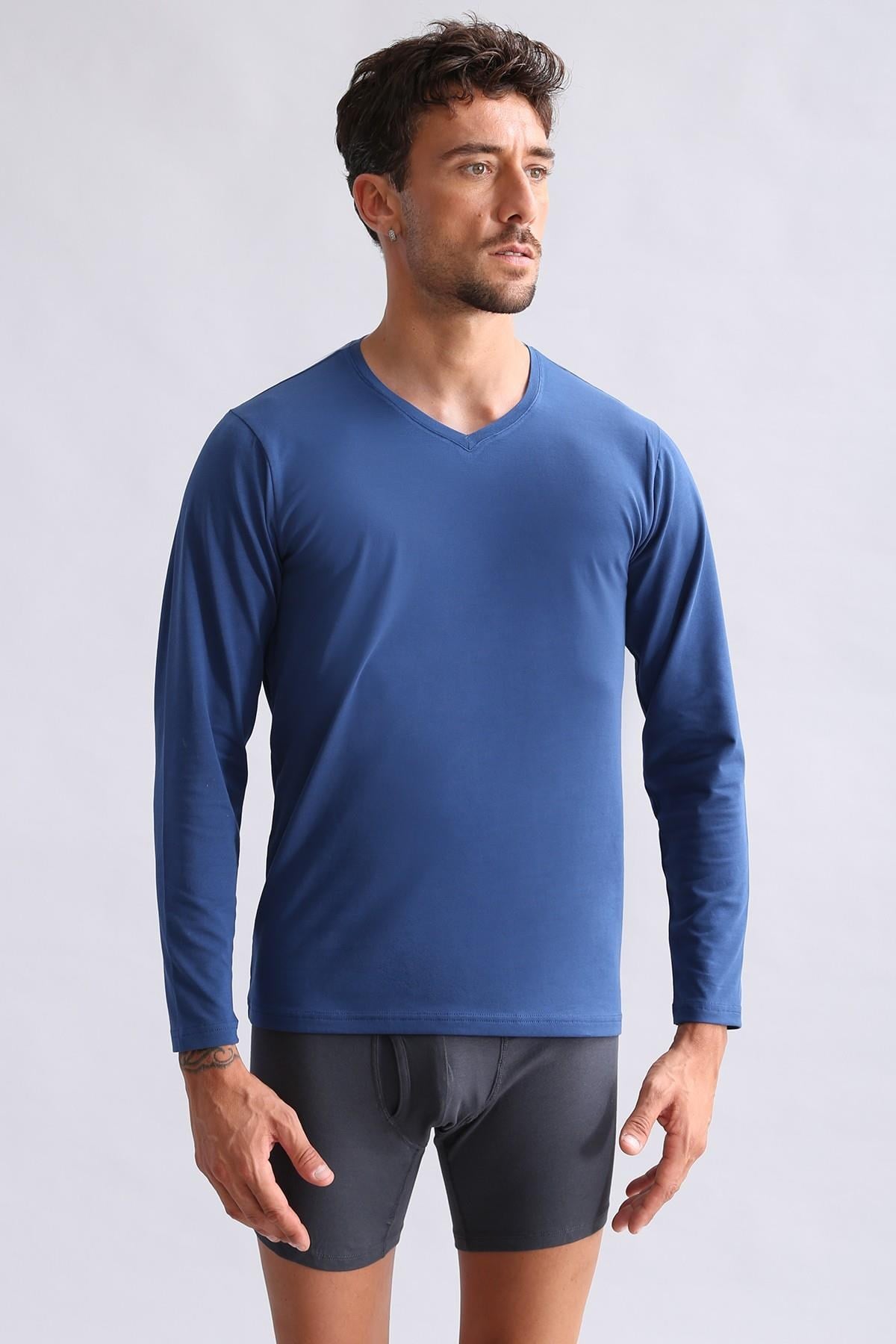 Mısırlı Modal by TENCEL HERCULES Slim Fit V Yaka Uzun Kollu Fanila Gece Mavisi
