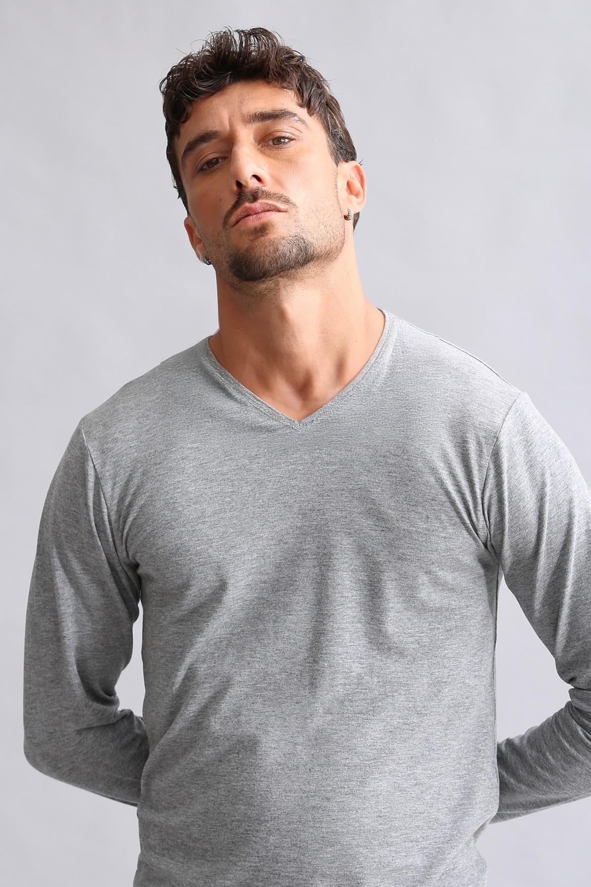 Mısırlı Modal by TENCEL HERCULES Slim Fit V Yaka Uzun Kollu Fanila / T-Shirt Gri Melanj