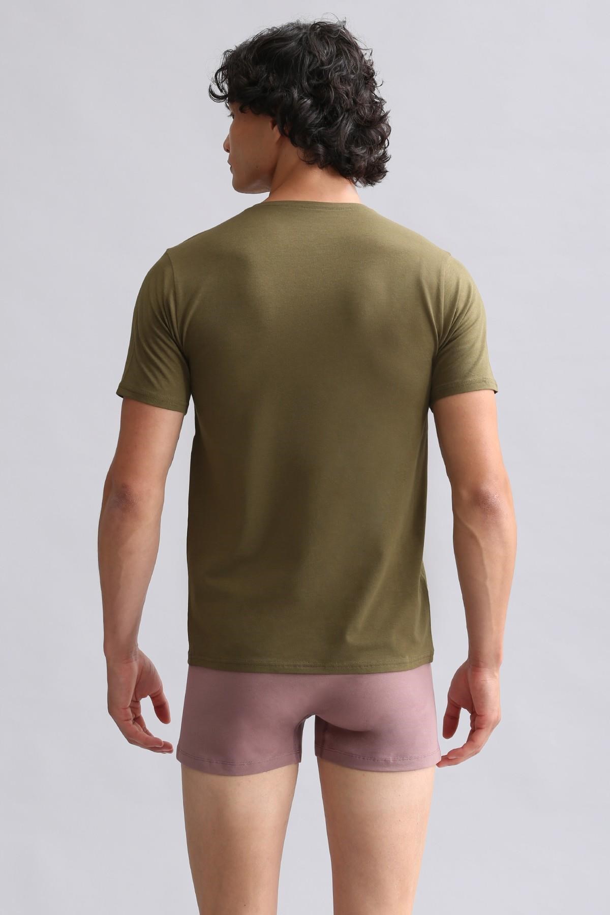 Mısırlı Modal by TENCEL HERCULES Slim Fit V Yaka Fanila / T-Shirt Koyu Haki