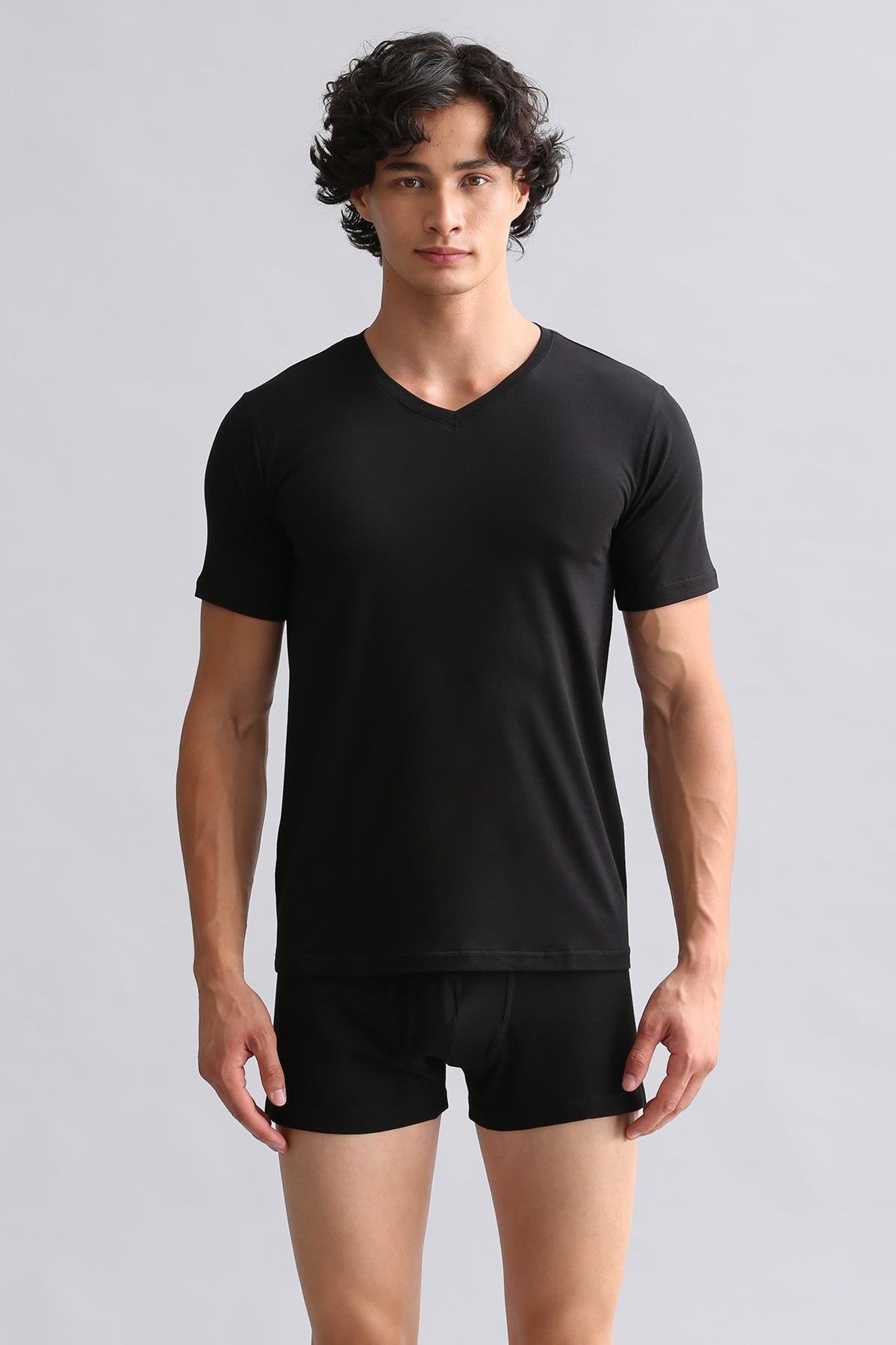 Mısırlı Modal by TENCEL HERCULES Slim Fit V Yaka Fanila / T-Shirt Siyah