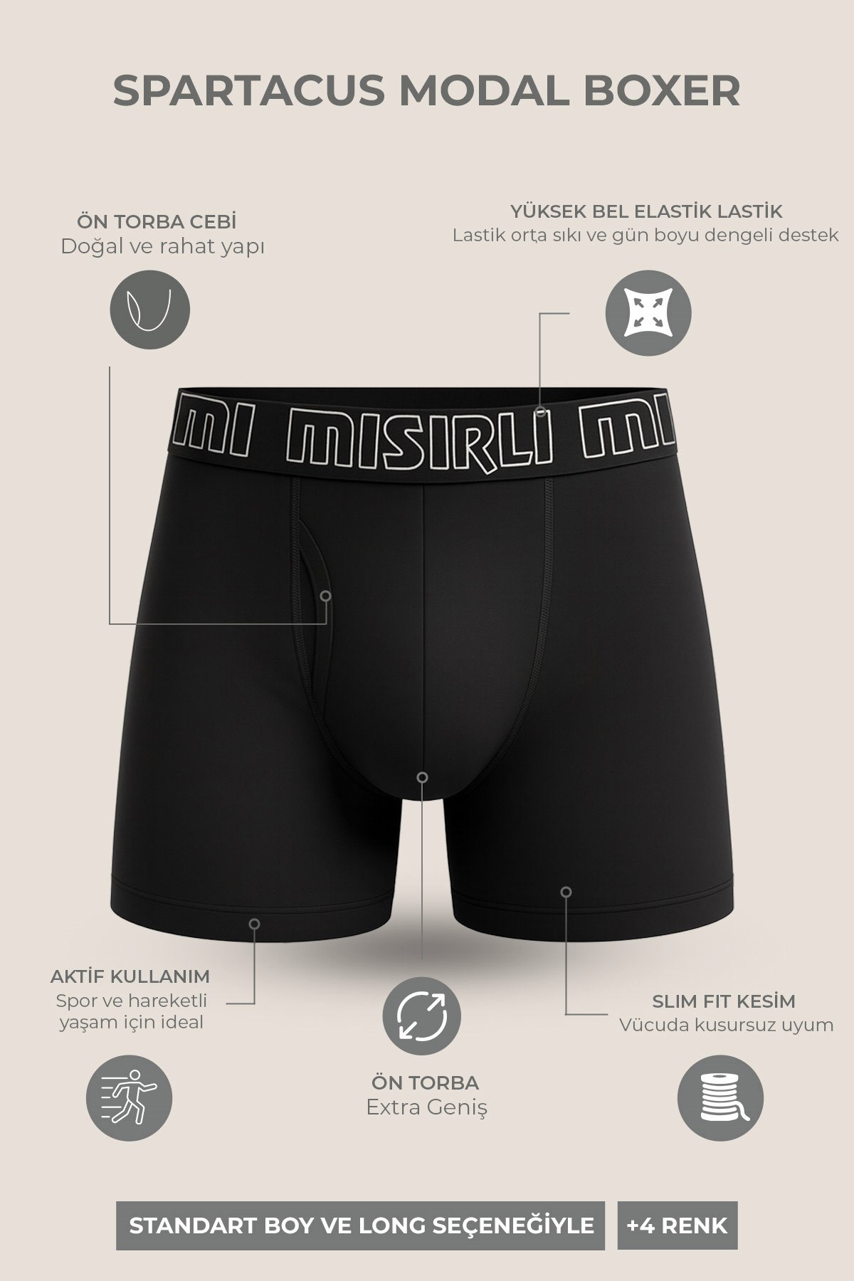 Mısırlı Modal by TENCEL SPARTACUS PERFORMANCE Long Boxer Gri