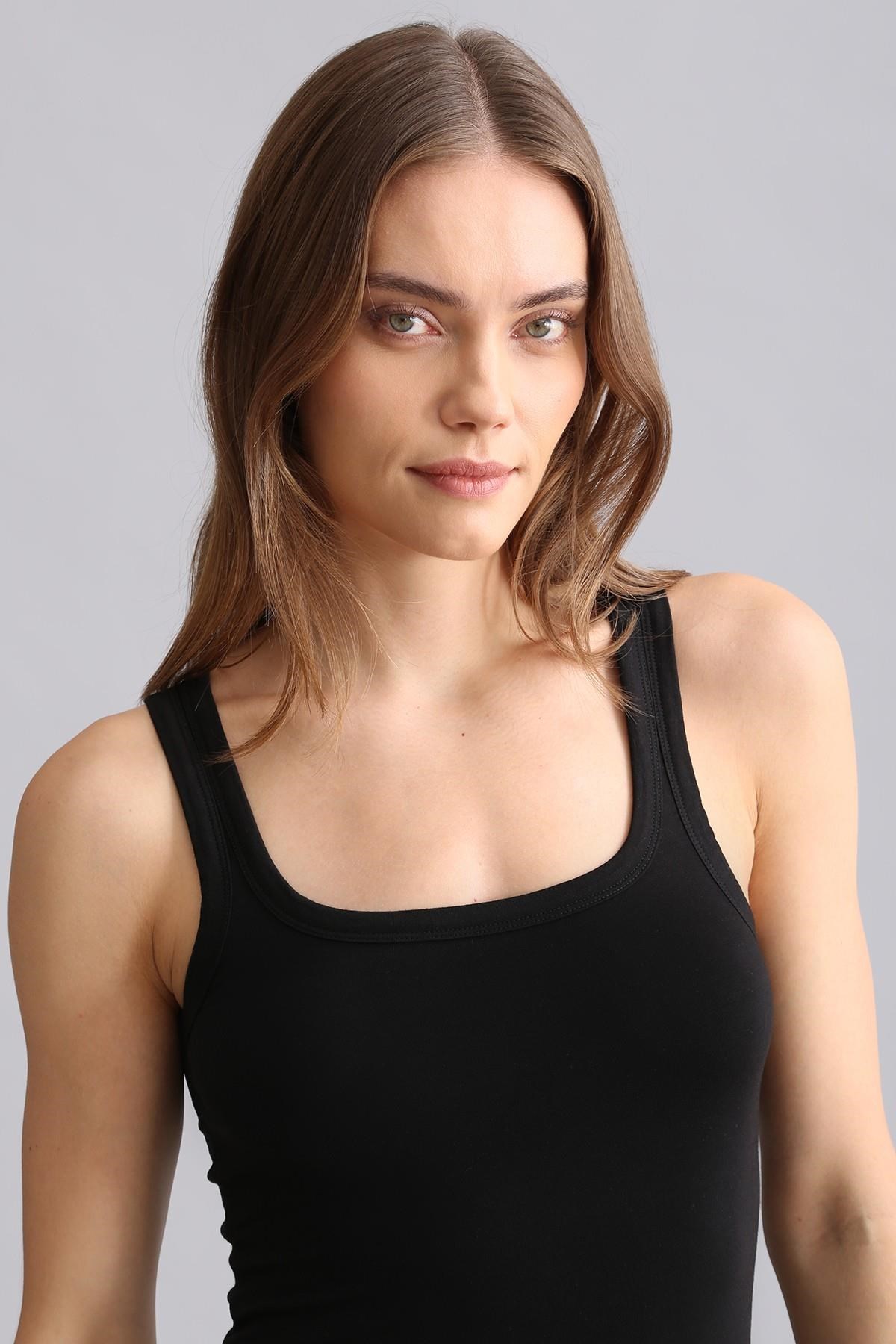 Mısırlı Modal by TENCEL U HELEN Kalın Askılı Long T-Shirt / Atlet Siyah