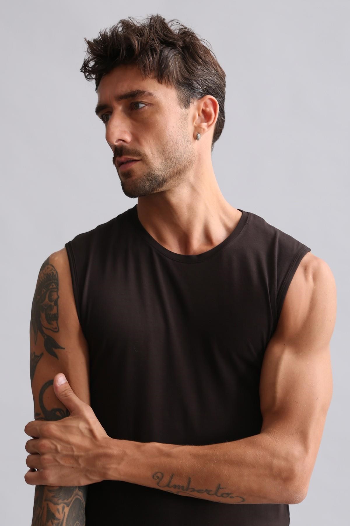 Mısırlı ORGANIC Pamuklu HERCULES Slim Fit Bisiklet Yaka Sporcu Atlet / T-Shirt Kahverengi