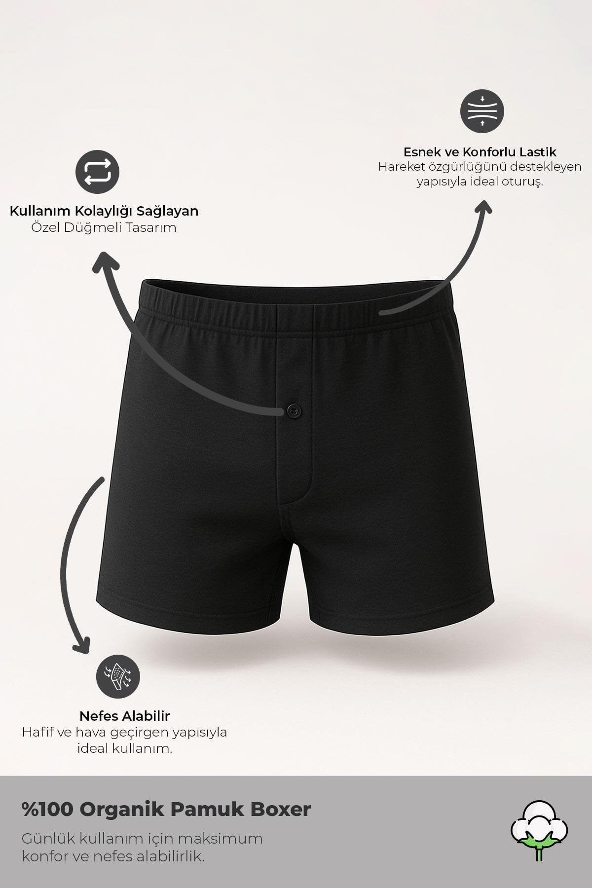 Mısırlı ORGANIC Pamuklu Relaks Loose Fit Düğmeli Ekstra Bol Kesim Uzun Paçalı Boxer Şort Siyah