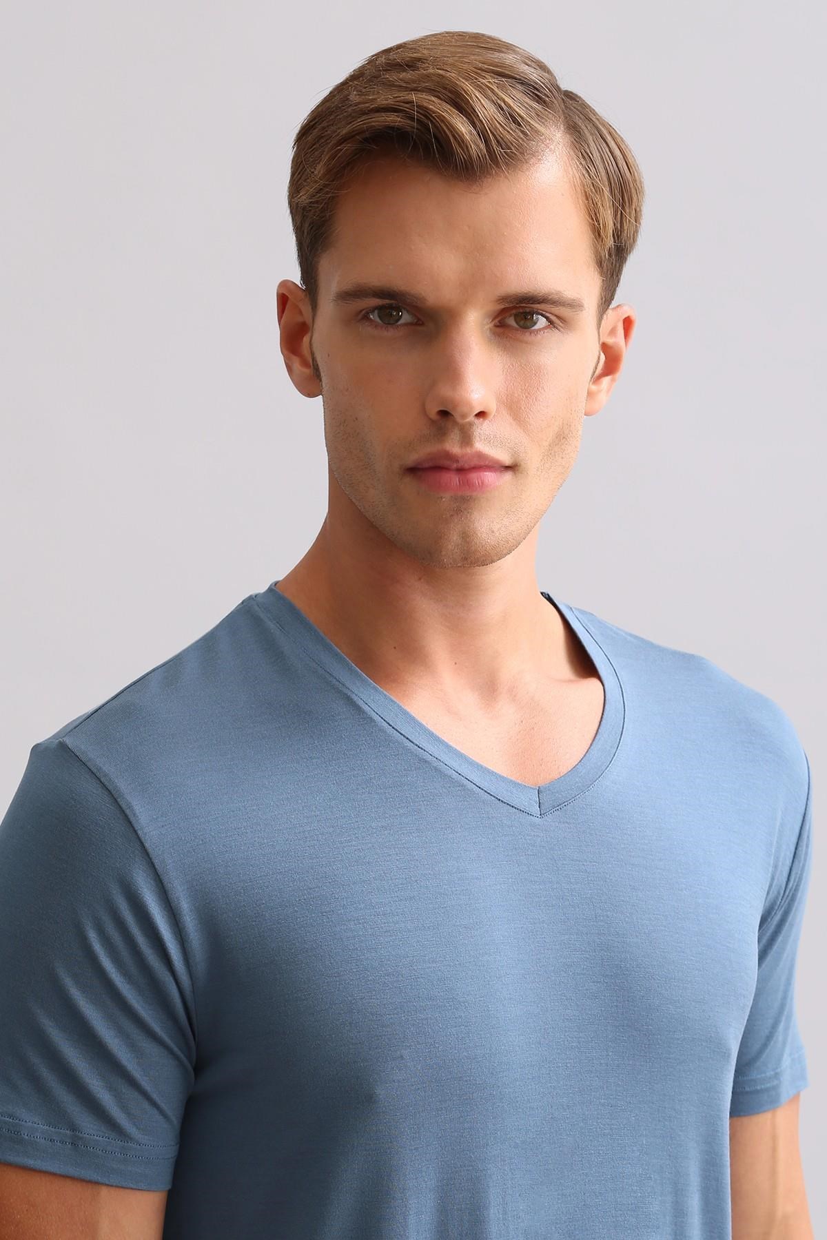 Mısırlı ORGANIC Pamuklu ZEUS LUXURY Regular Fit V Yaka Fanila / T-Shirt Gece Mavisi