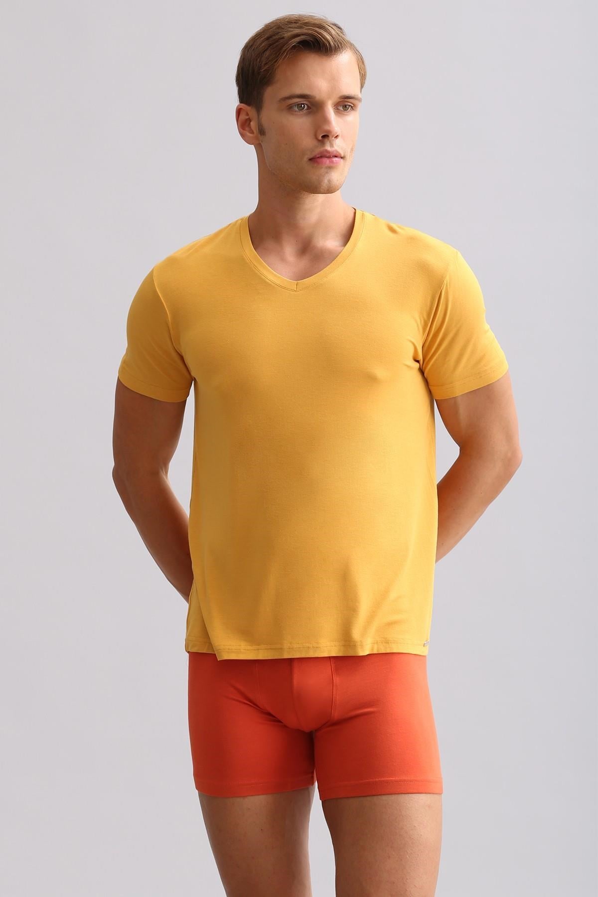 Mısırlı ORGANIC Pamuklu ZEUS LUXURY Regular Fit V Yaka Fanila / T-Shirt Hardal