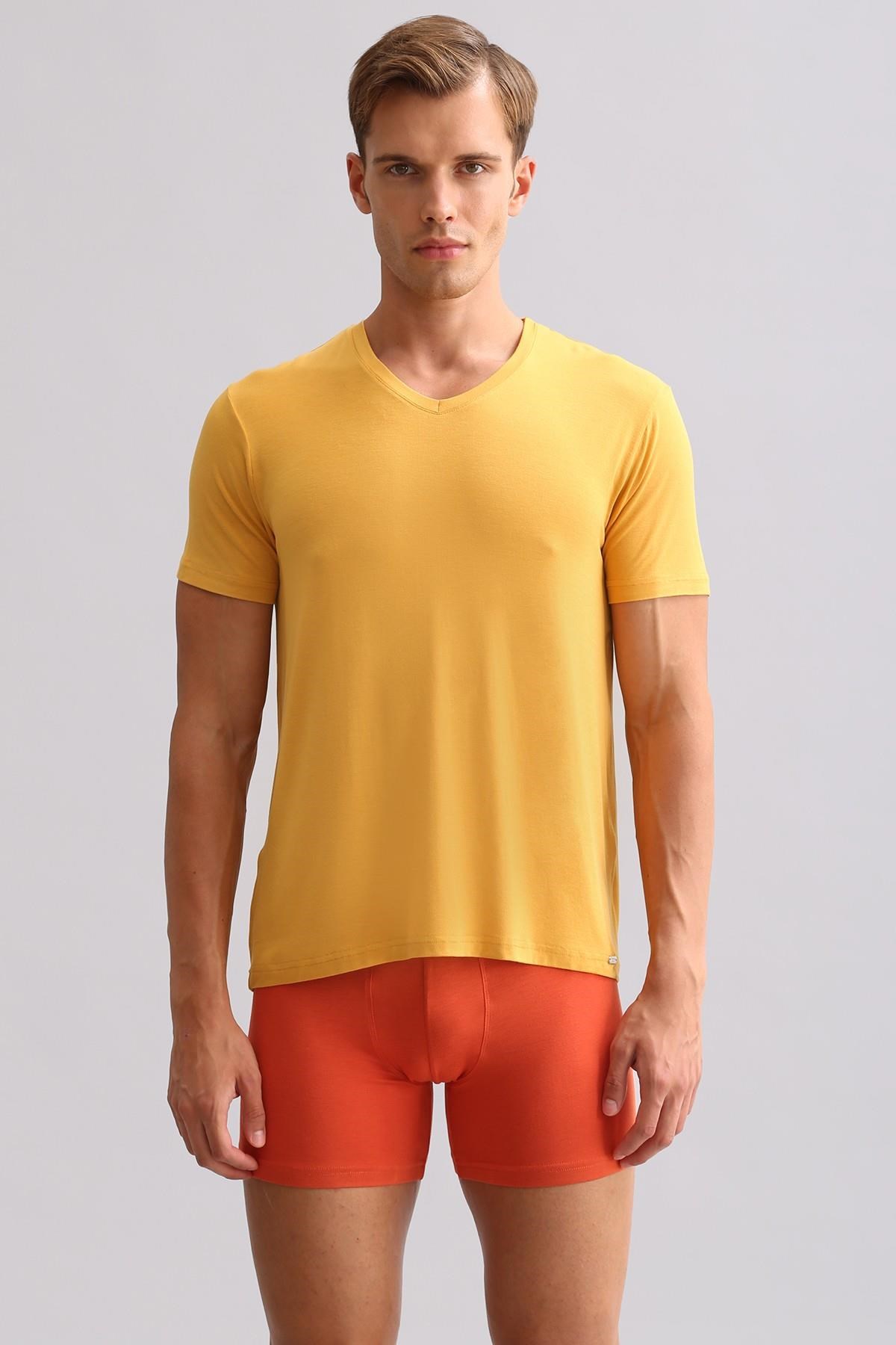 Mısırlı ORGANIC Pamuklu ZEUS LUXURY Regular Fit V Yaka Fanila / T-Shirt Hardal