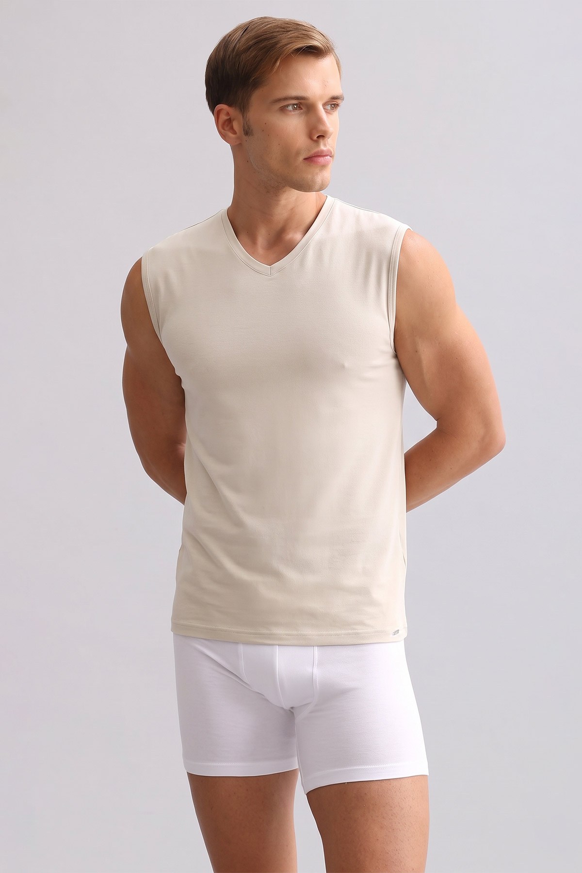 Mısırlı ORGANIC Pamuklu ZEUS LUXURY Regular Fit V Yaka Sporcu Atlet Toprak Bej