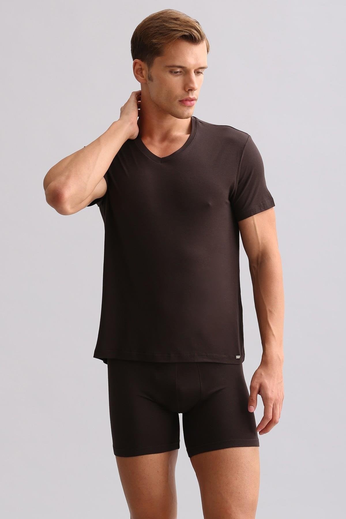Mısırlı ORGANIC Pamuklu ZEUS LUXURY Regular Fit V Yaka Fanila / T-Shirt Kahverengi