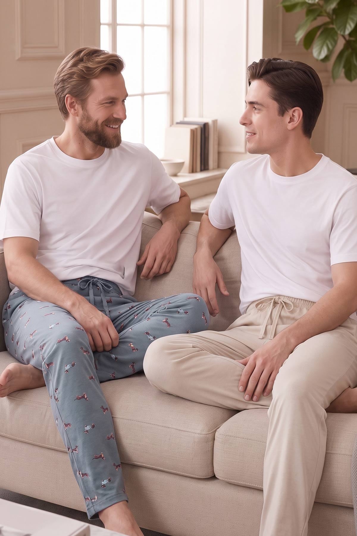 Mısırlı Pamuklu Erkek İkili Alt Pijama Baskılı Ada Çayı-Ekru