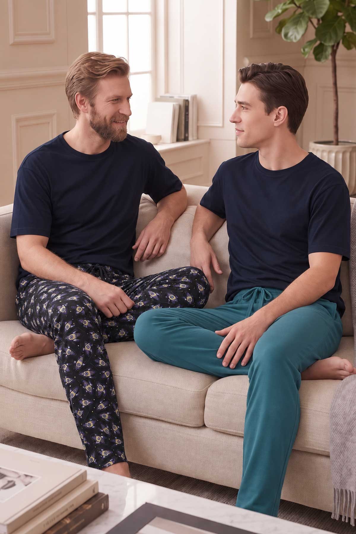 Mısırlı Pamuklu Erkek İkili Alt Pijama Baskılı Siyah-Petrol Yeşil