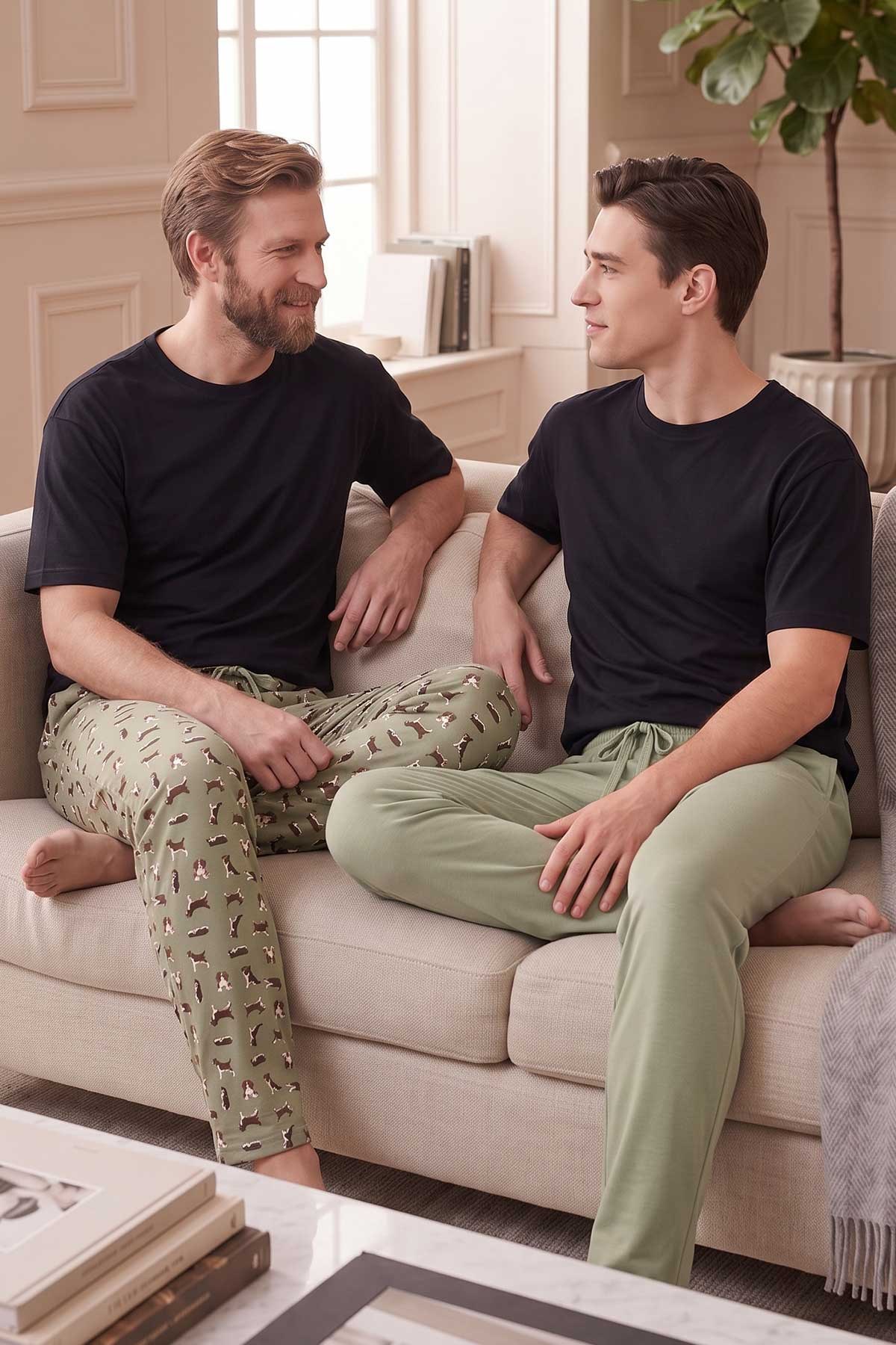 Mısırlı Pamuklu Erkek İkili Alt Pijama Baskılı Çağla Yeşil-Çağla Yeşil