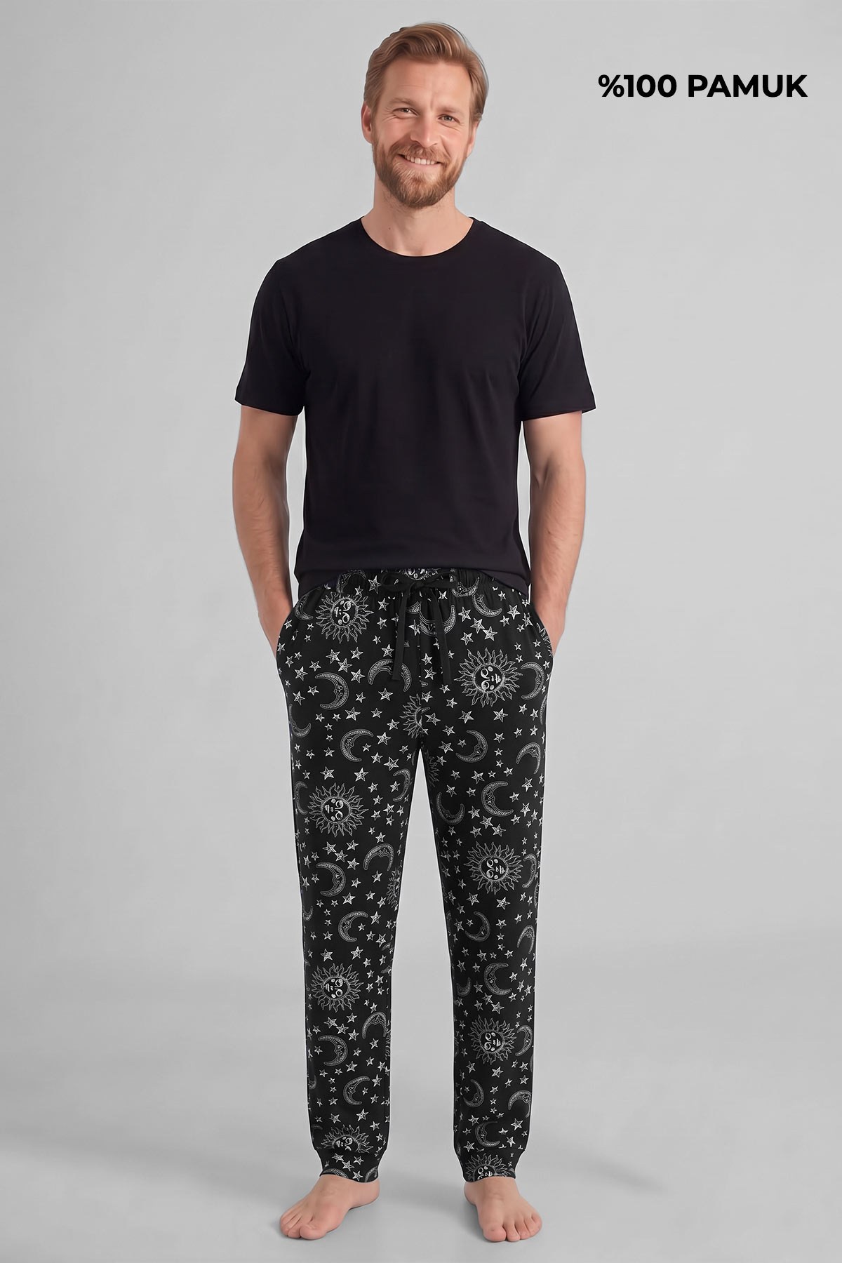 Mısırlı Pamuklu Erkek İkili Alt Pijama Baskılı Siyah-Koyu Gri