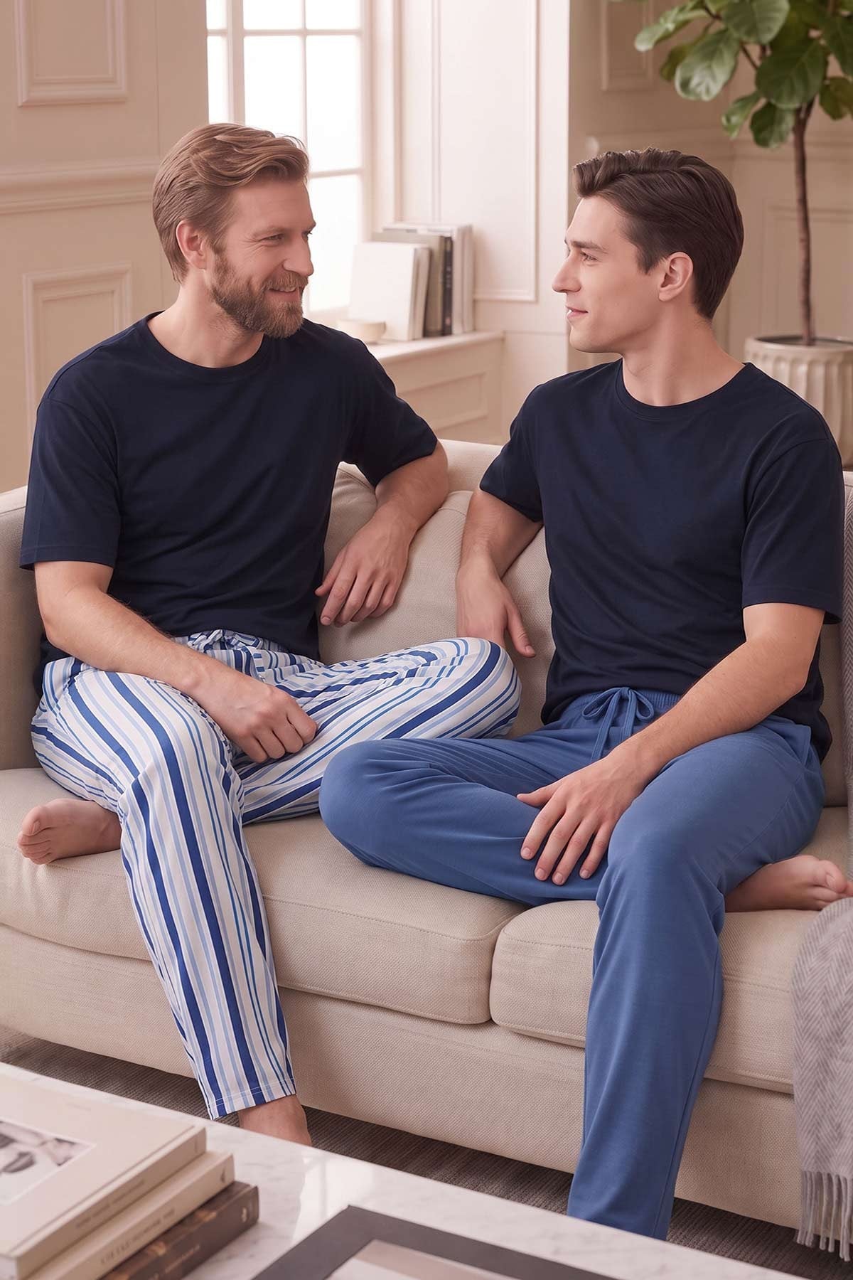 Mısırlı Pamuklu Erkek İkili Alt Pijama Çizgili Beyaz-İndigo