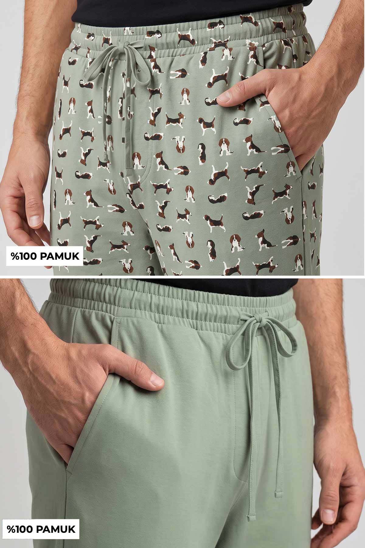 Mısırlı Pamuklu Erkek İkili Alt Pijama Baskılı Çağla Yeşil-Çağla Yeşil