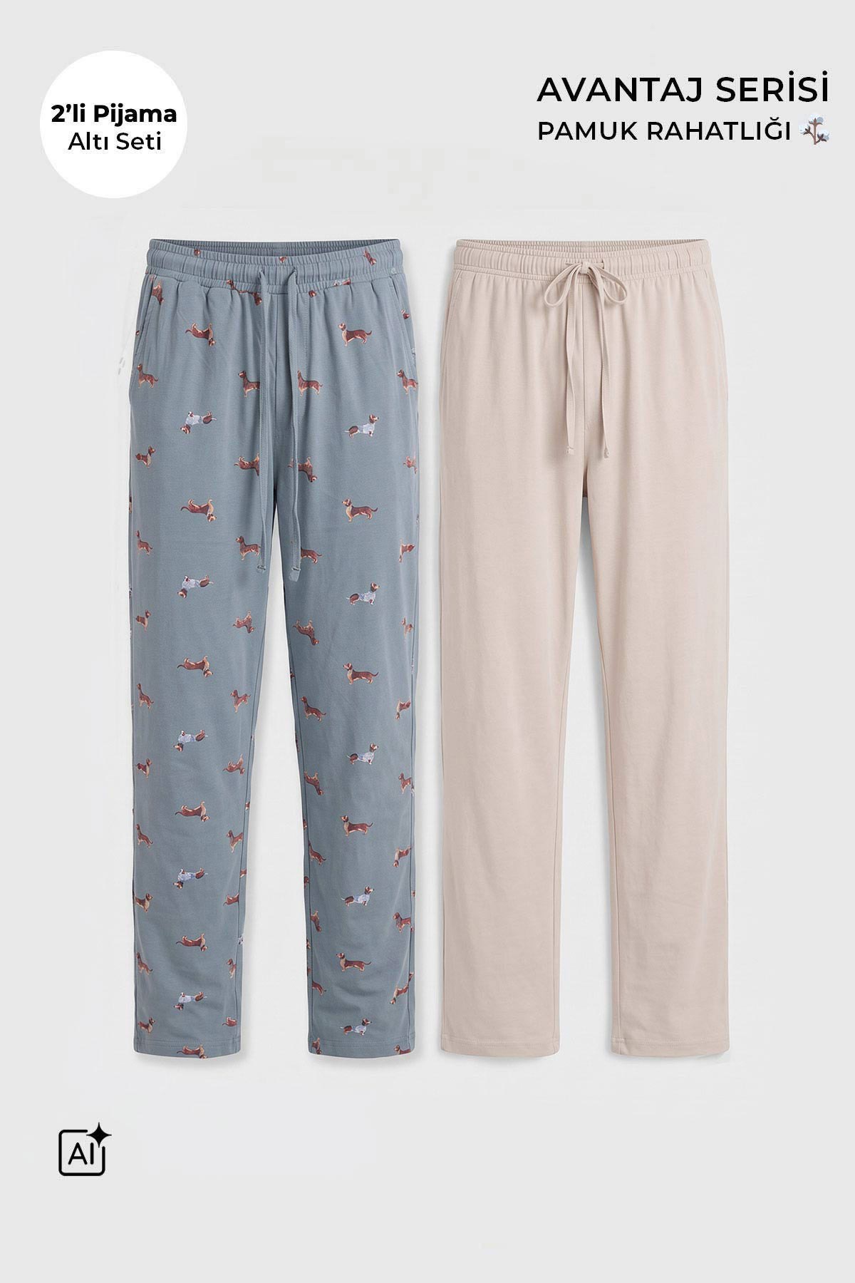 Mısırlı Pamuklu Erkek İkili Alt Pijama Baskılı Ada Çayı-Ekru