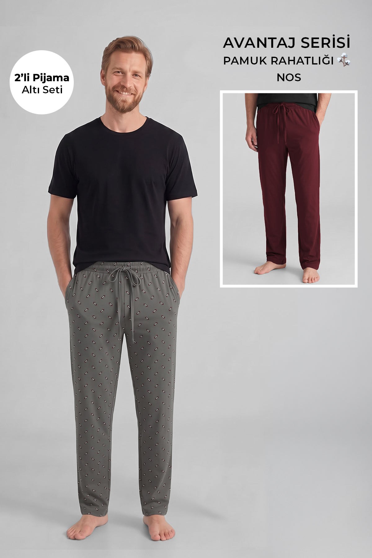 Mısırlı Pamuklu Erkek İkili Alt Pijama Antrasit Gri-Bordo
