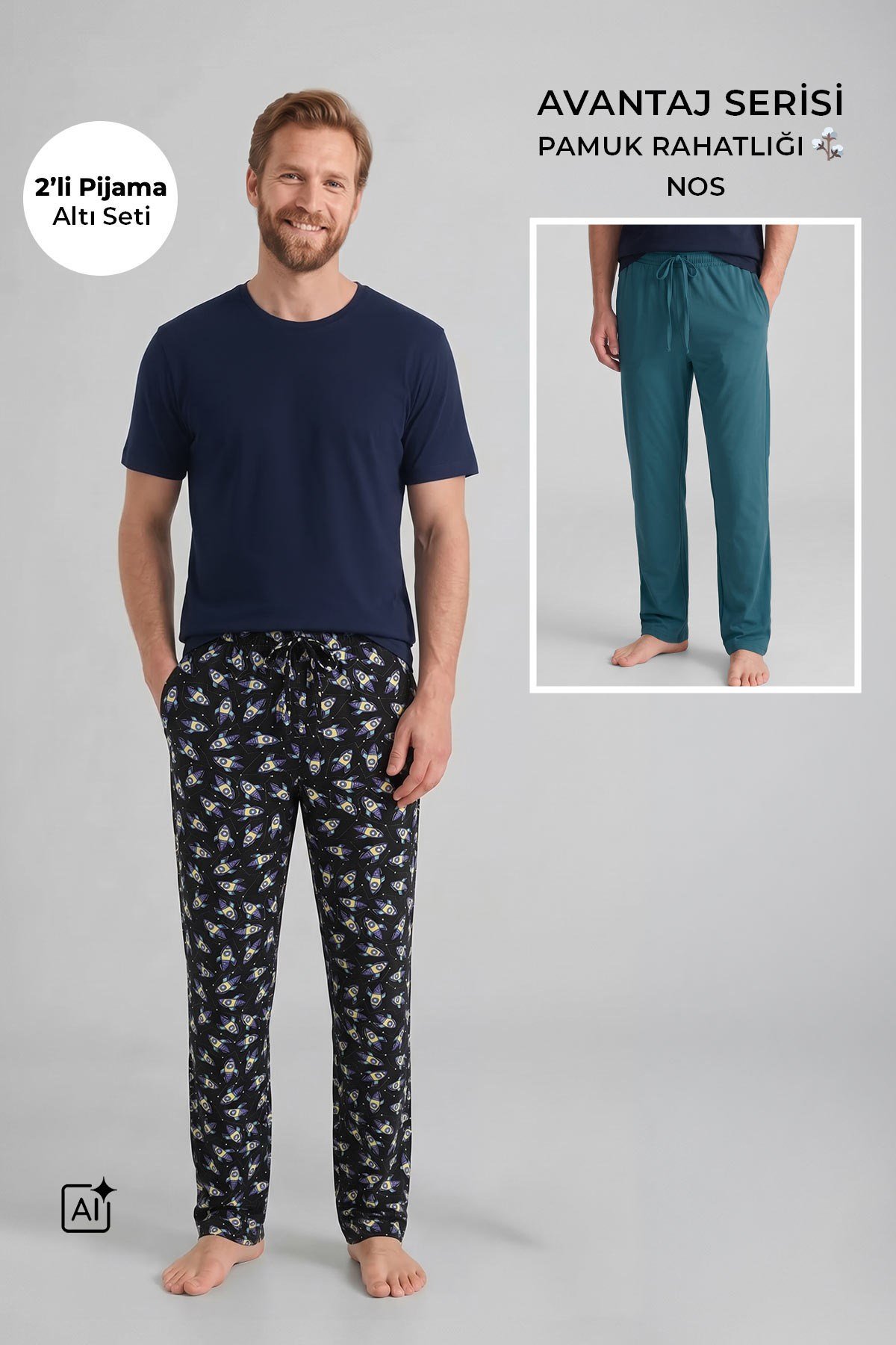 Mısırlı Pamuklu Erkek İkili Alt Pijama Baskılı Siyah-Petrol Yeşil